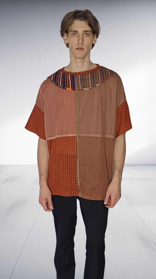 Sipho Mbuto Artisan Knit T-Shirt with Decorative Collar - Terracotta