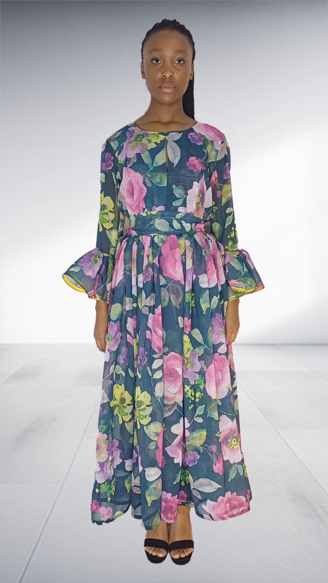 Navy Floral Print Bell Sleeve Maxi Dress with Yellow Trim