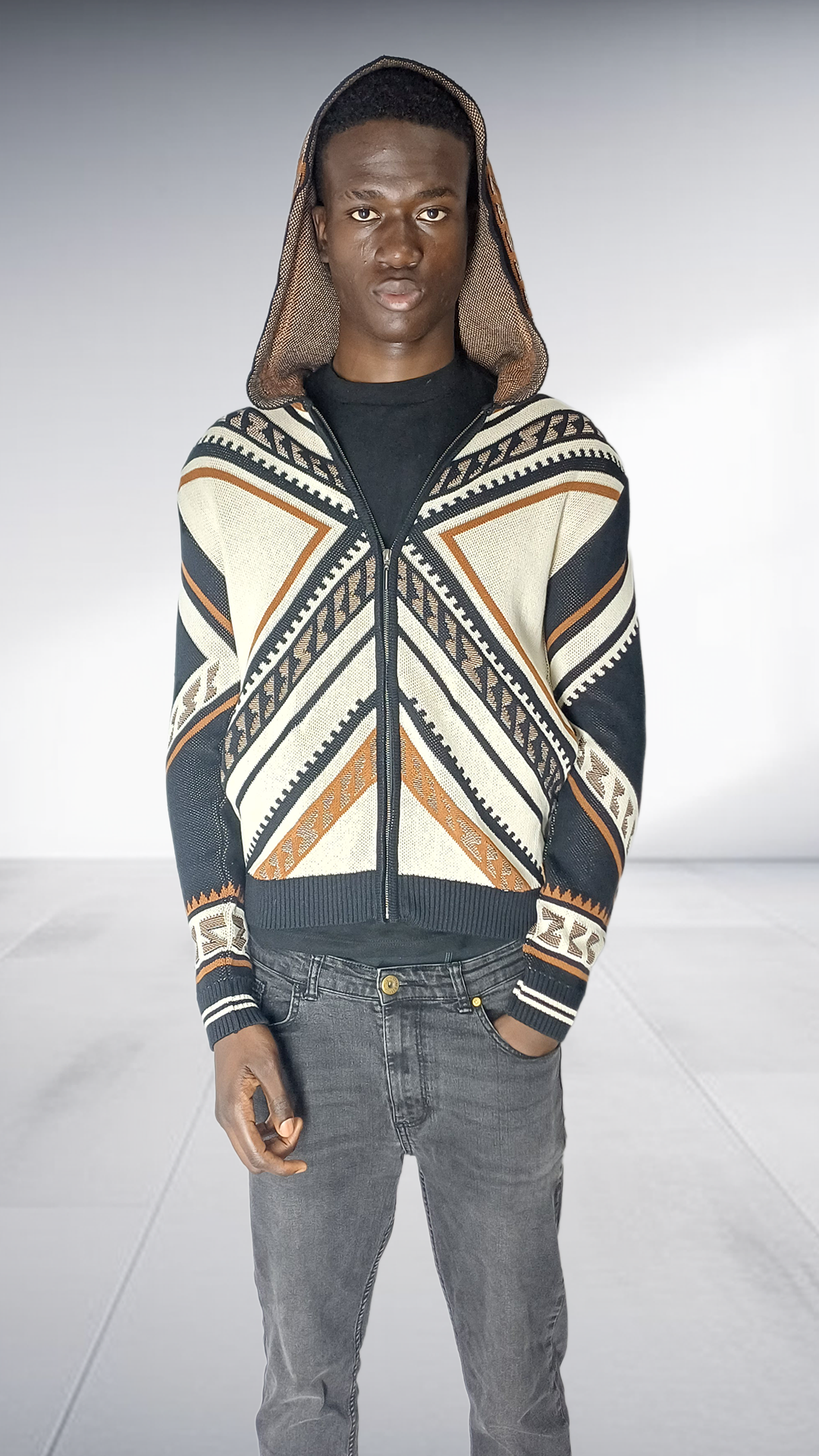 Zeitgeist Geometric Hooded Bomber Jacket - Black, Cream & Tobacco