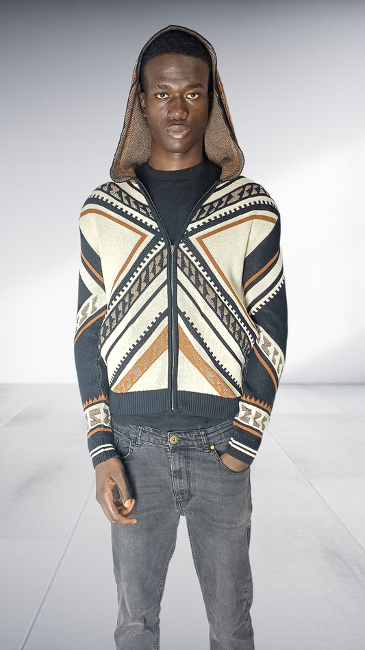 Zeitgeist Geometric Hooded Bomber Jacket - Black, Cream & Tobacco
