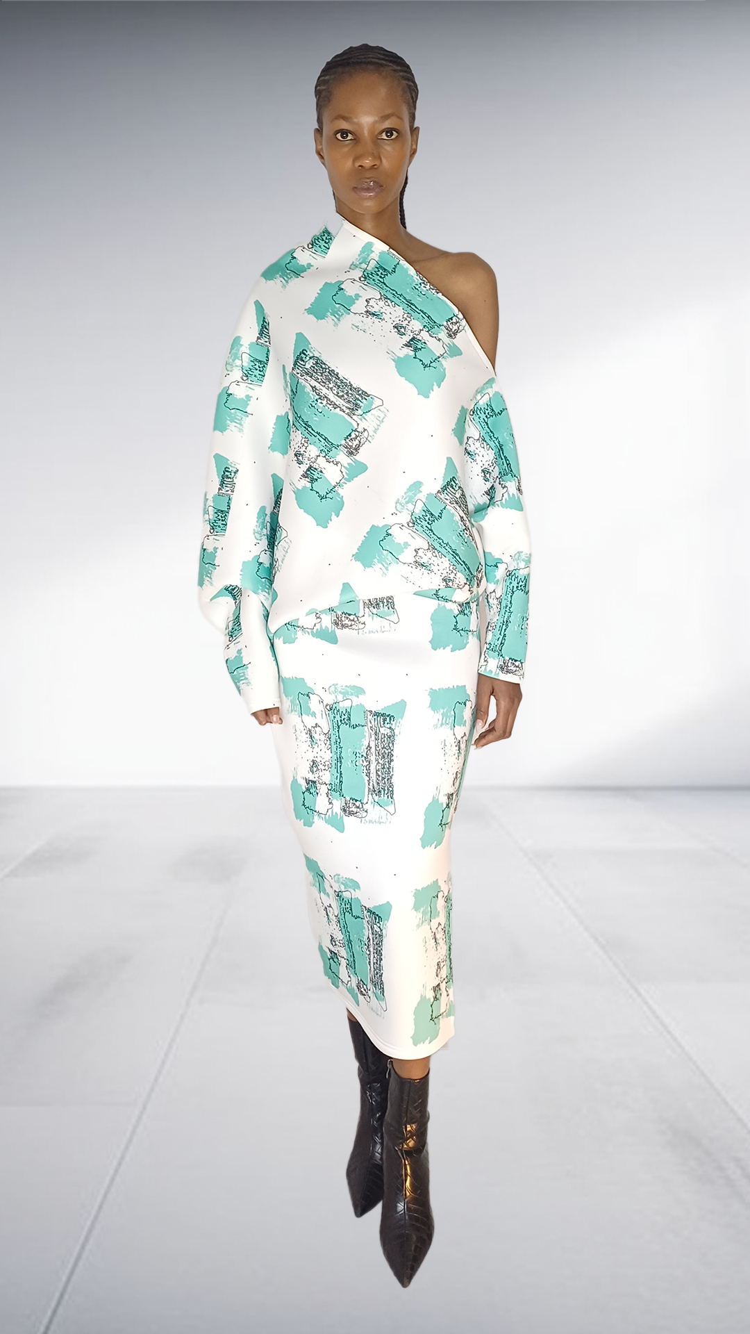 Turquoise Abstract Print One-Shoulder Midi Dress