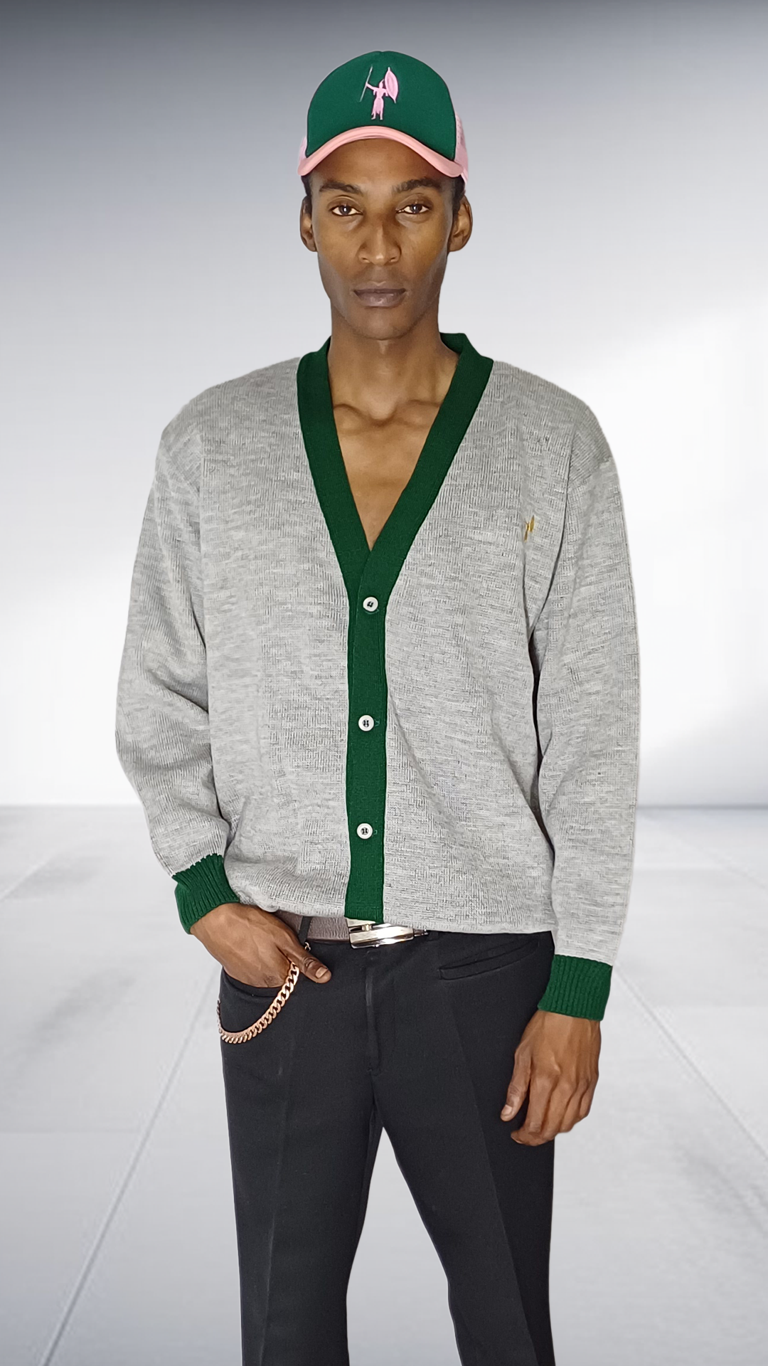 Chale Contrast Trim Cardigan - Grey & Green