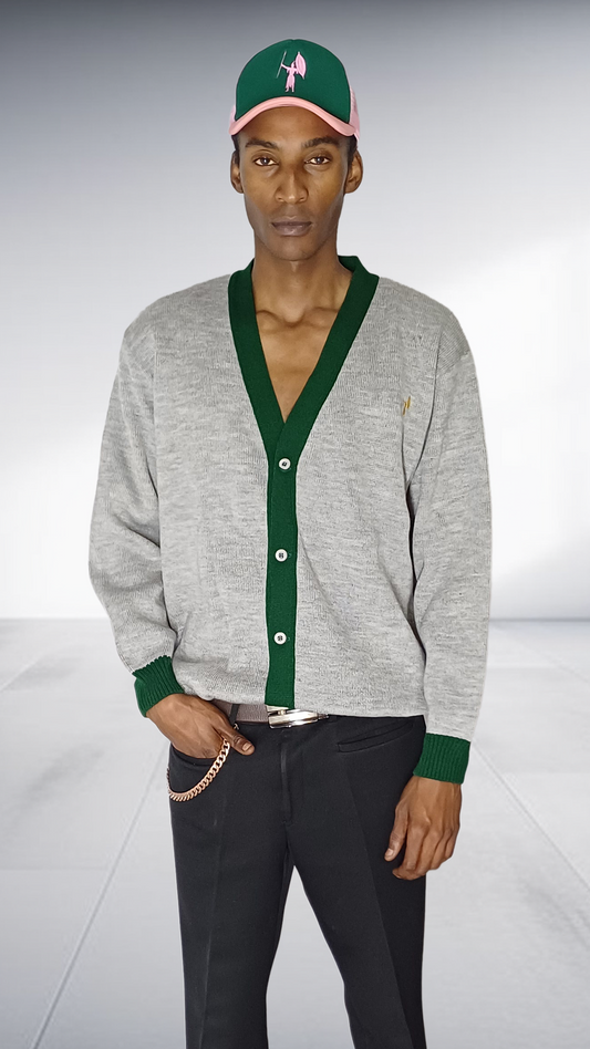 Chale Contrast Trim Cardigan - Grey & Green