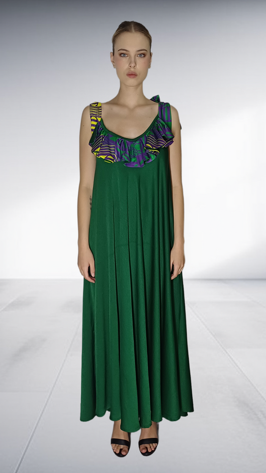 Nina Sedumedi Emerald Green Maxi Dress with African Print Shoulder Ties