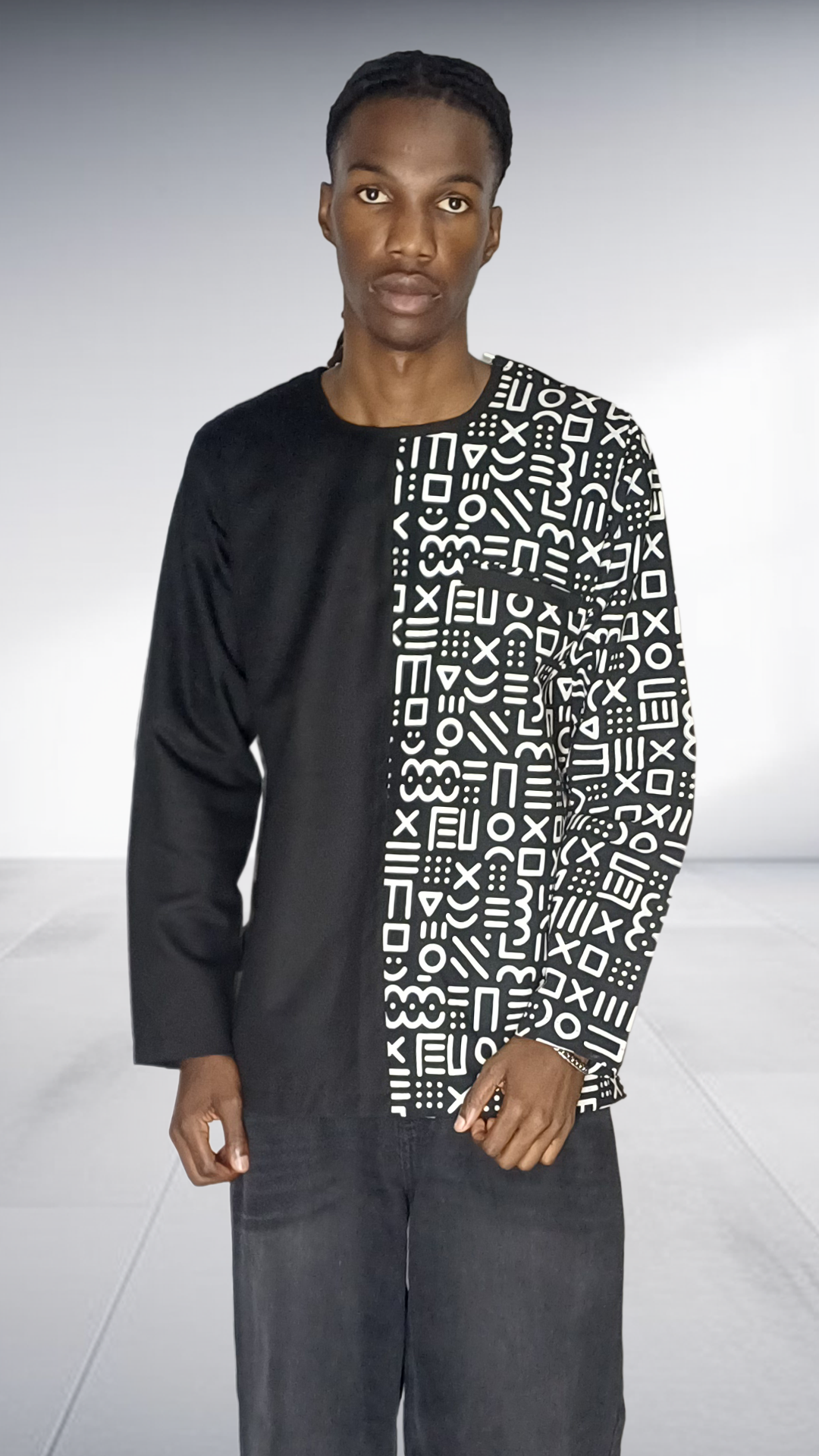 Lolo D Asymmetric Geometric Print Long Sleeve Shirt - Black & White