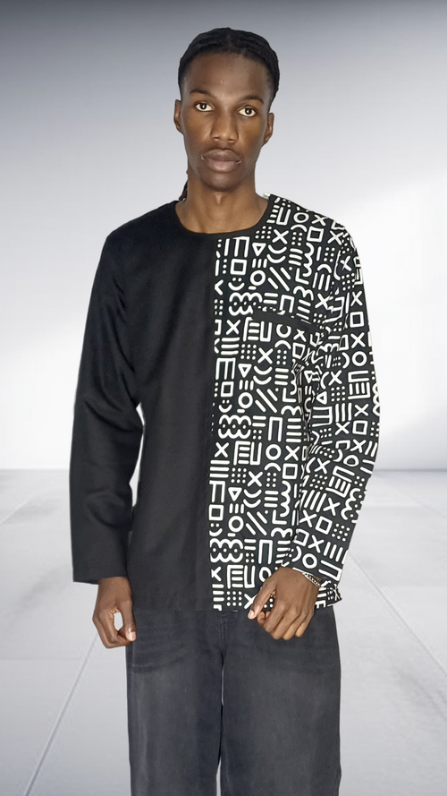 Lolo D Asymmetric Geometric Print Long Sleeve Shirt - Black