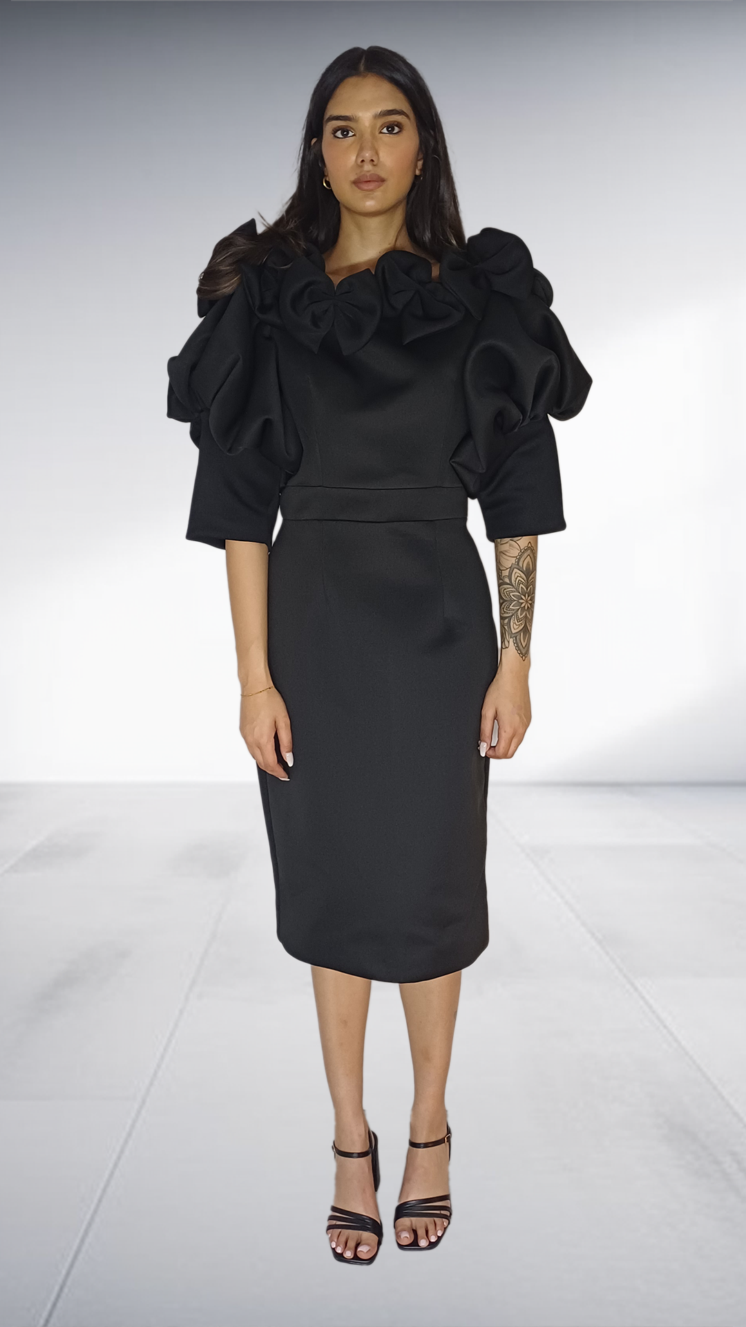 Alfalfa Black Sculptural Ruffle Sleeve Pencil Dress