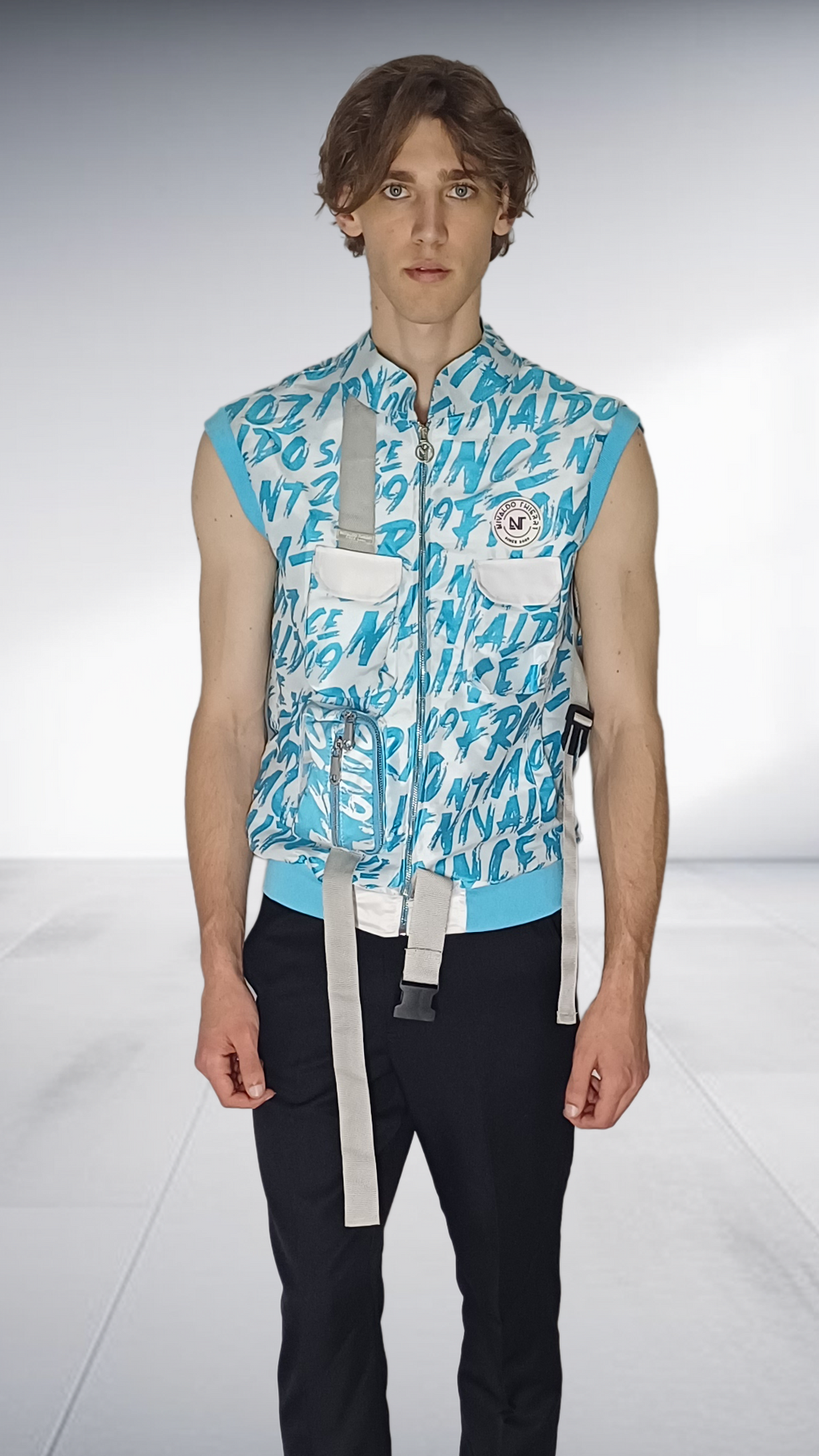 Nivaldo Thierry Graphic Print Utility Vest - Turquoise & White