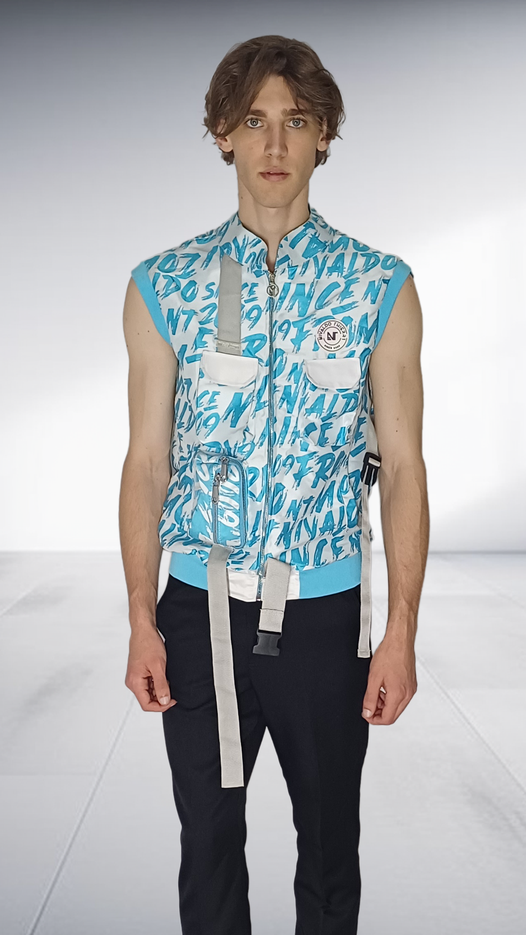 Nivaldo Thierry Graphic Print Utility Vest - Turquoise & White