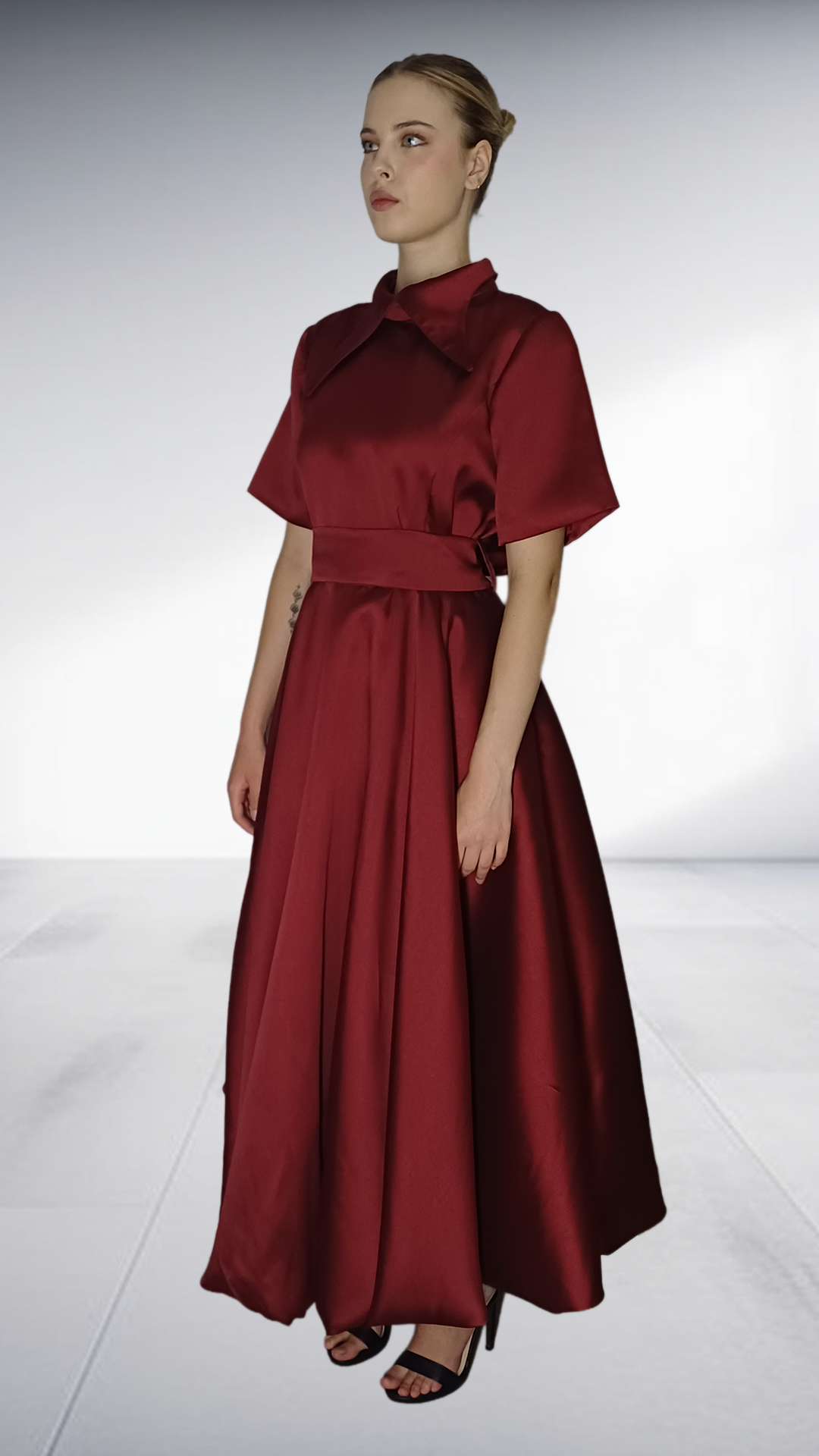 Jozsy Bubble Maxi Dress with Collar - Burgundy Satin
