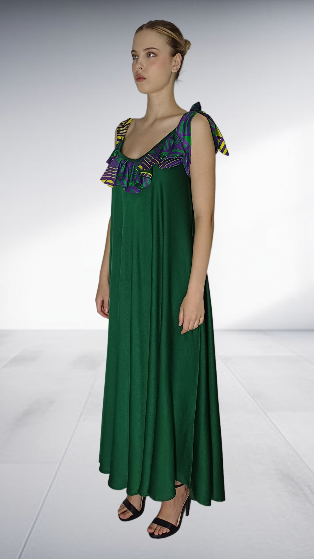 Nina Sedumedi Emerald Green Maxi Dress with African Print Shoulder Ties