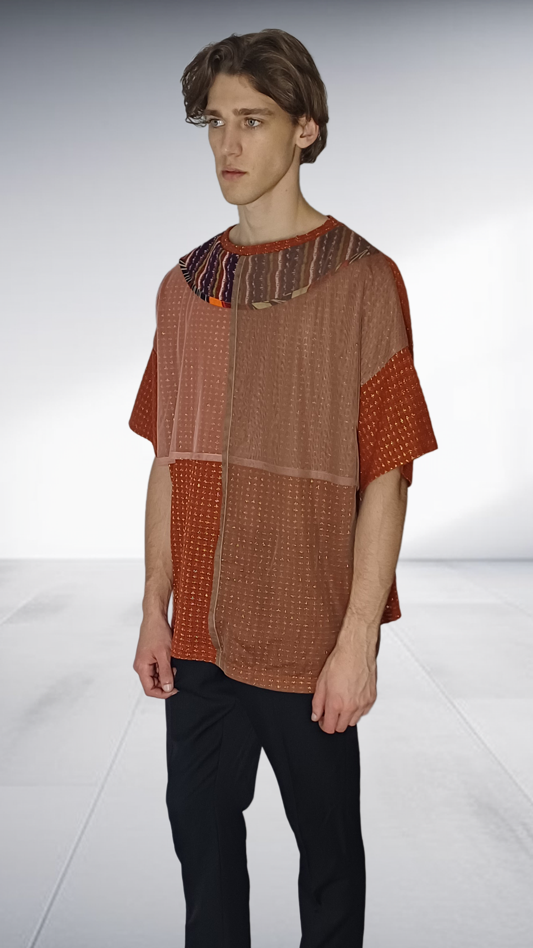 Sipho Mbuto Artisan Knit T-Shirt with Decorative Collar - Terracotta