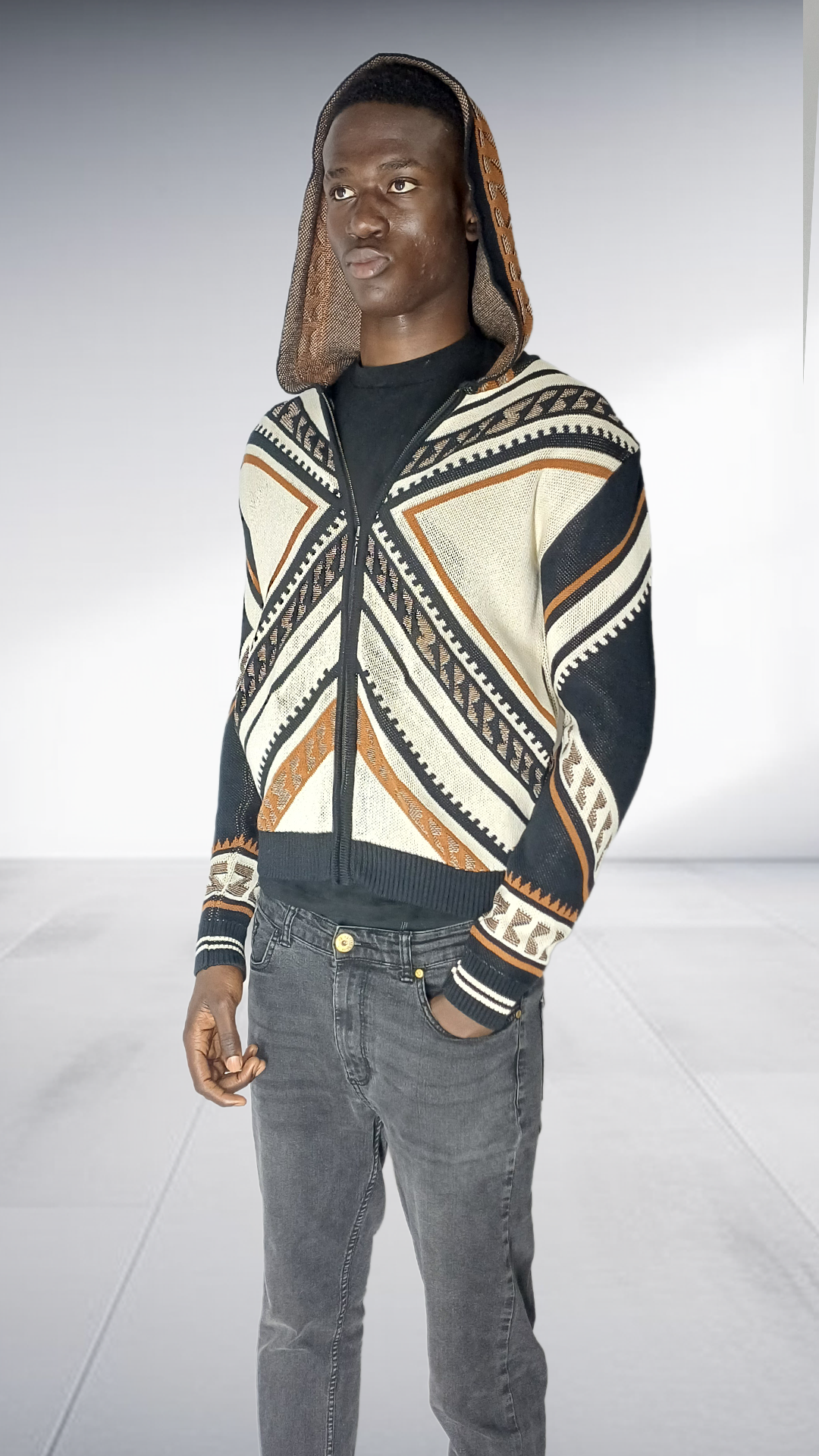 Zeitgeist Geometric Hooded Bomber Jacket - Black, Cream & Tobacco
