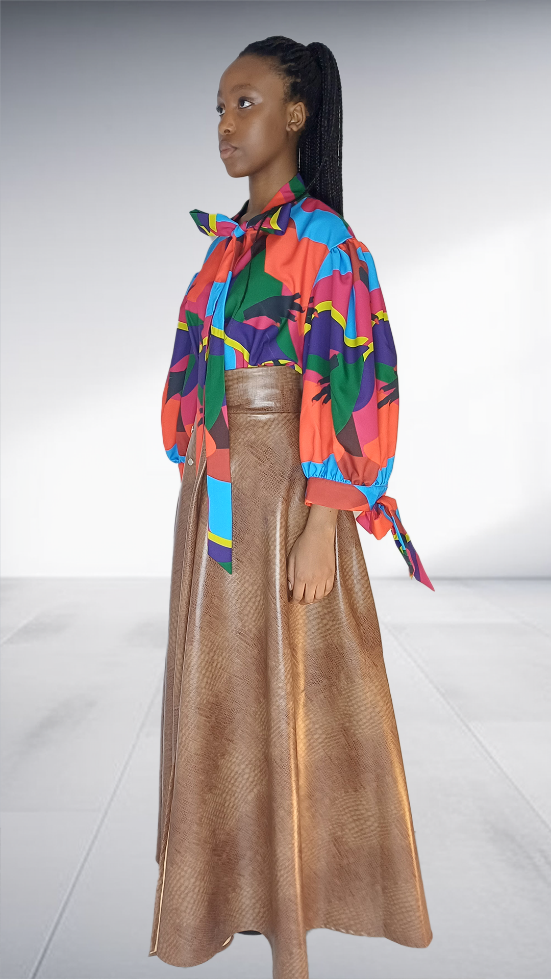 Ezokhetho Multicolor Balloon Sleeve Top & Bronze Snakeskin Skirt Set