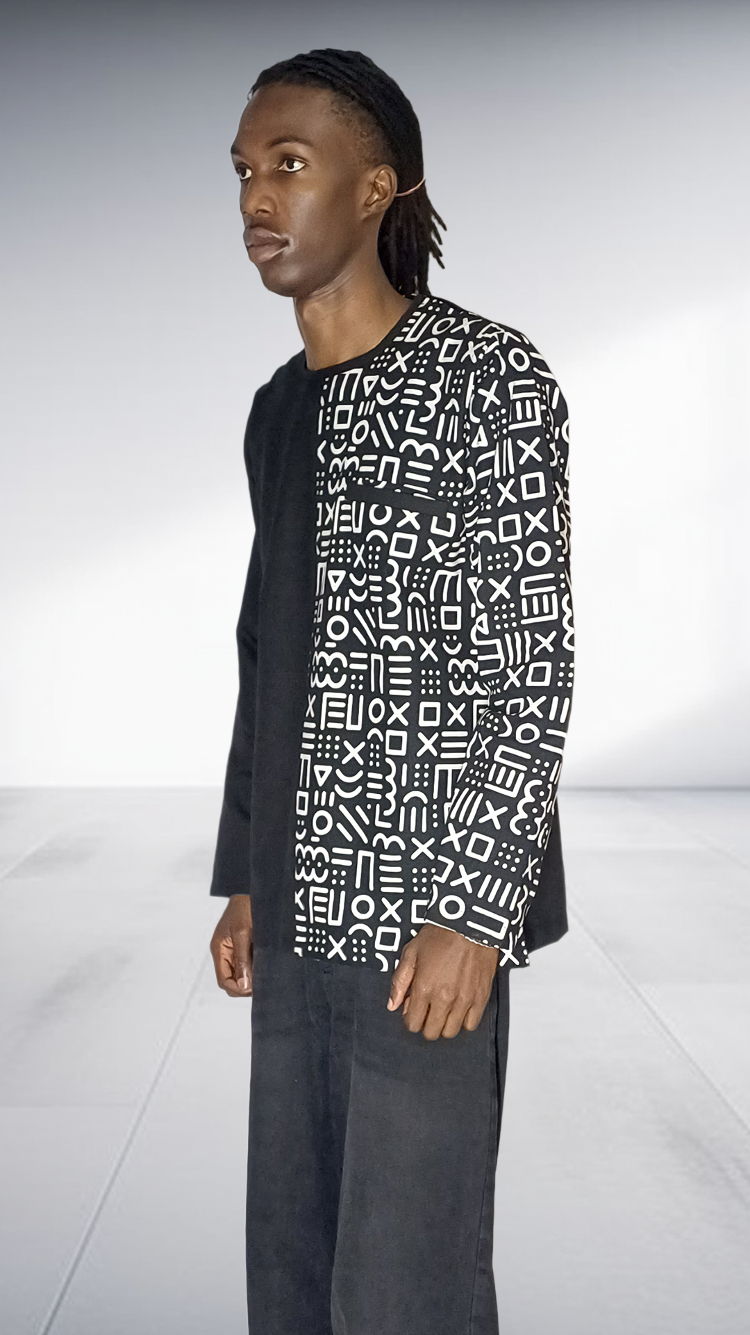 Lolo D Asymmetric Geometric Print Long Sleeve Shirt - Black & White