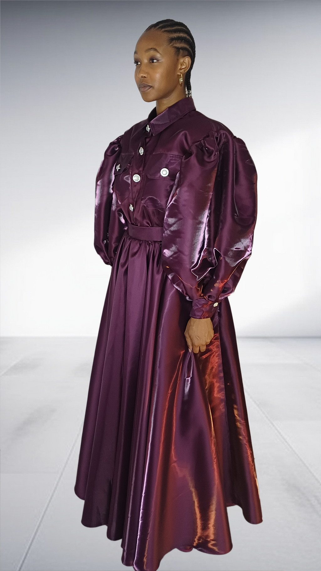 Agape  Deep Plum Satin Balloon Sleeve Two-Piece Set
