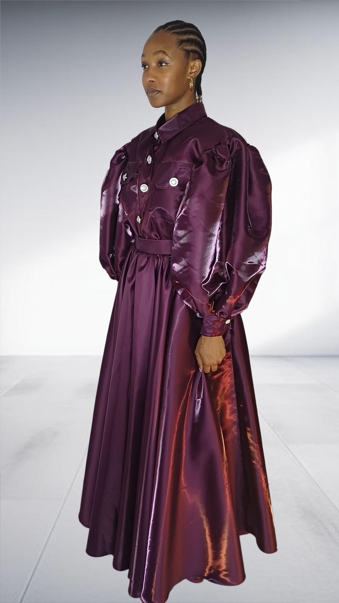 Deep Plum Satin Balloon Sleeve Two-Piece Set