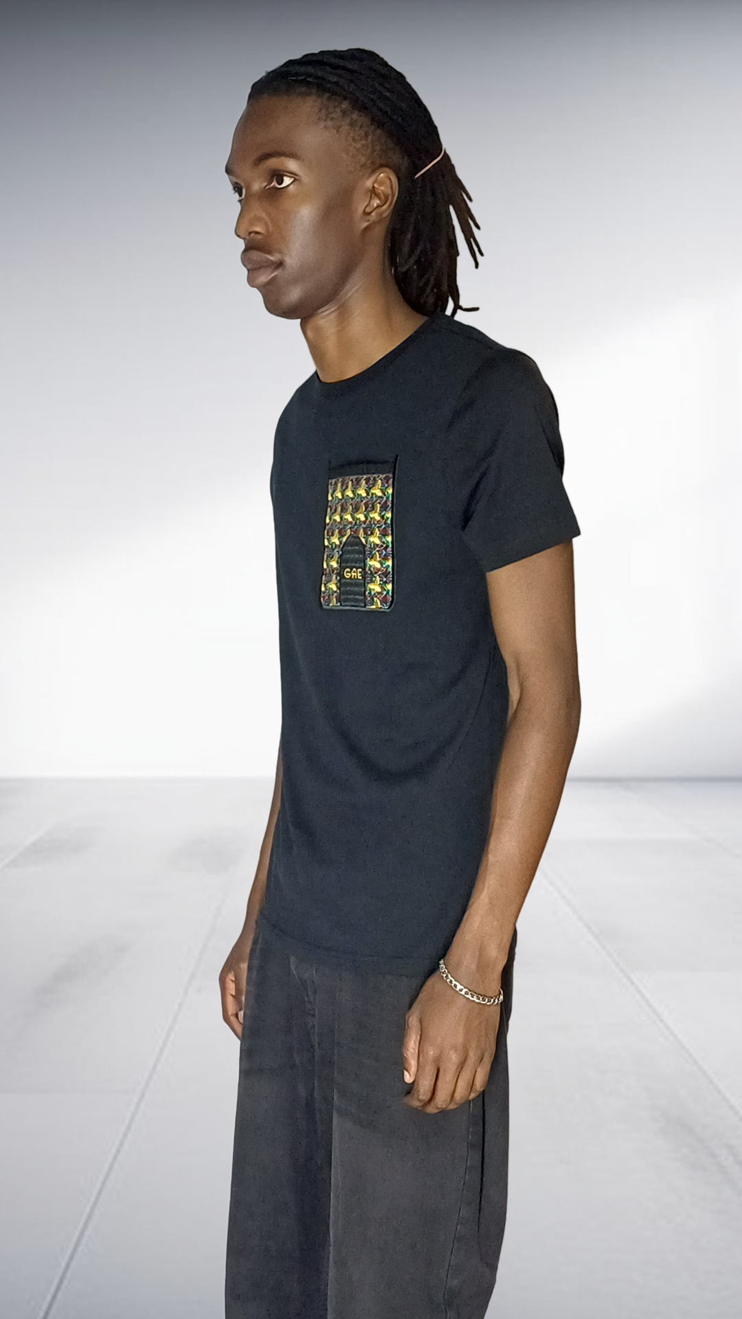 GAE African Print Pocket T-Shirt - Black with Embroidered Detail
