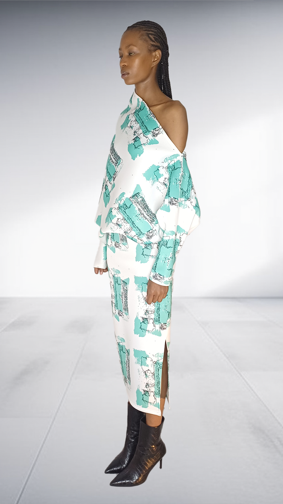 David Tlale Turquoise Abstract Print One-Shoulder Midi Dress