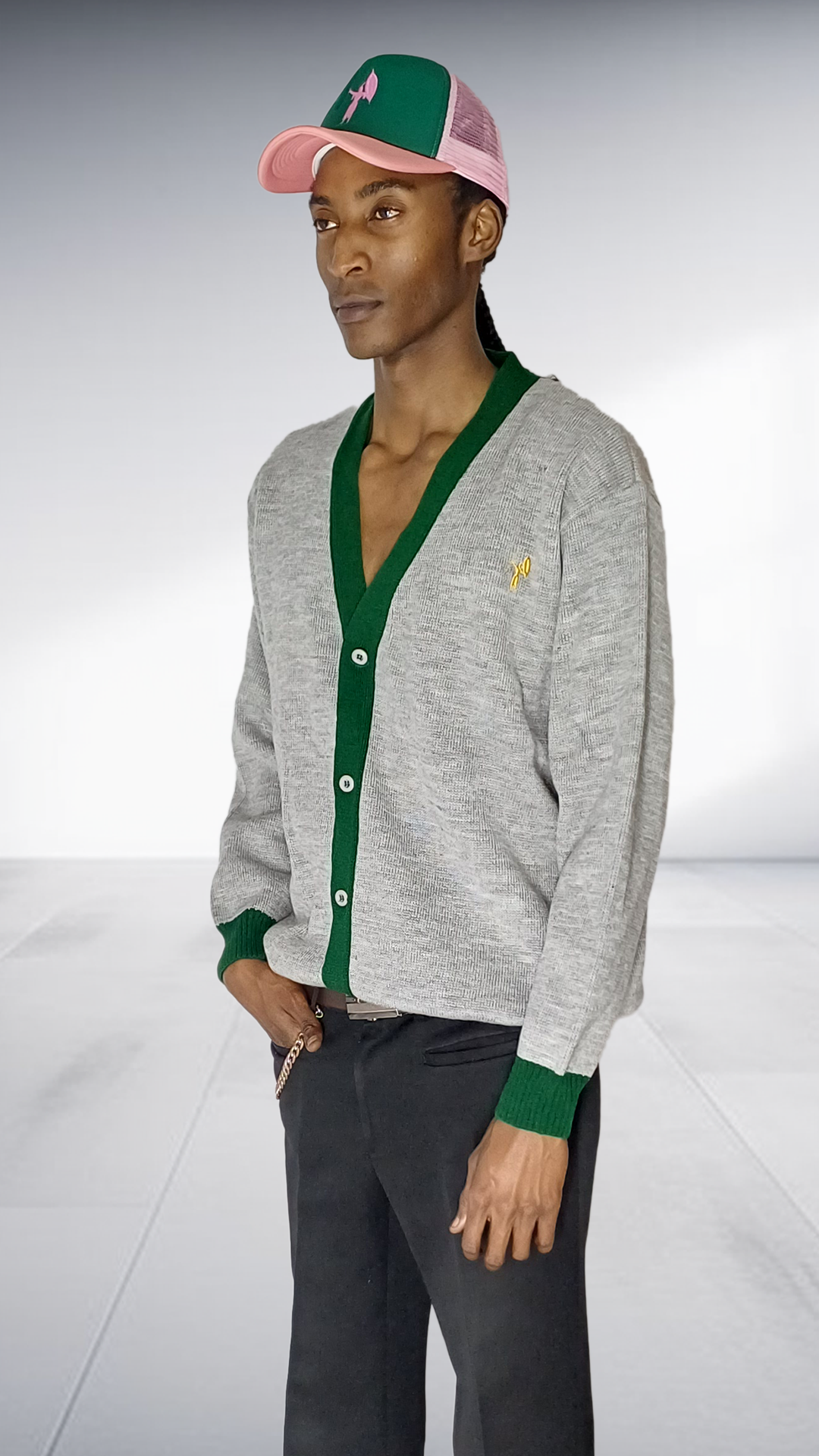 Chale Contrast Trim Cardigan - Grey & Green