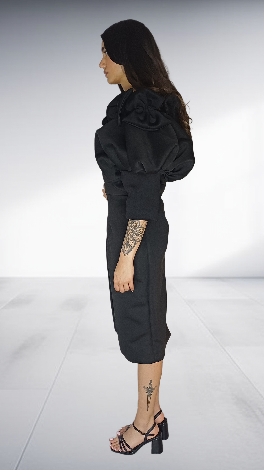 Alfalfa Black Sculptural Ruffle Sleeve Pencil Dress