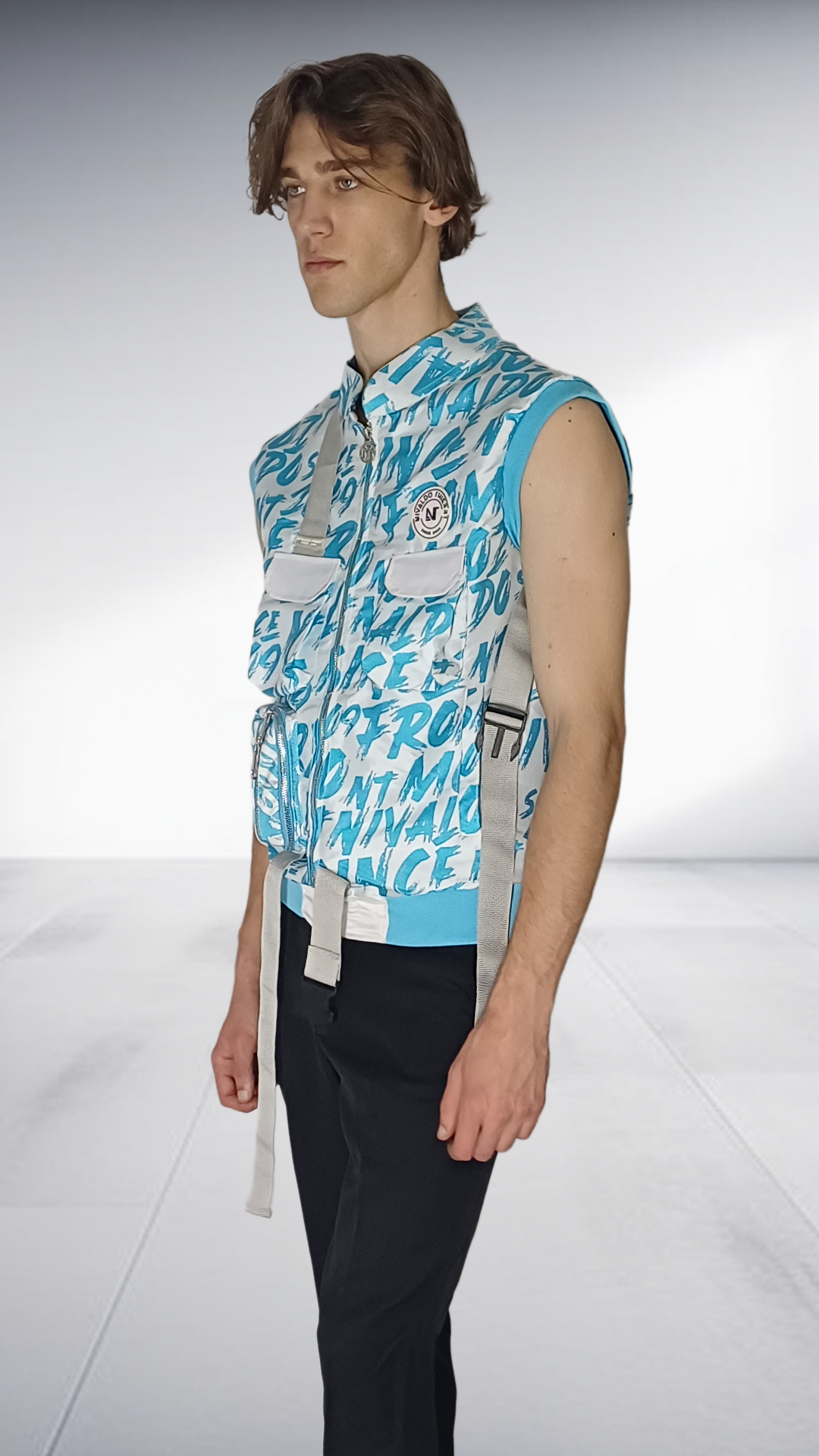 Nivaldo Thierry Graphic Print Utility Vest - Turquoise & White