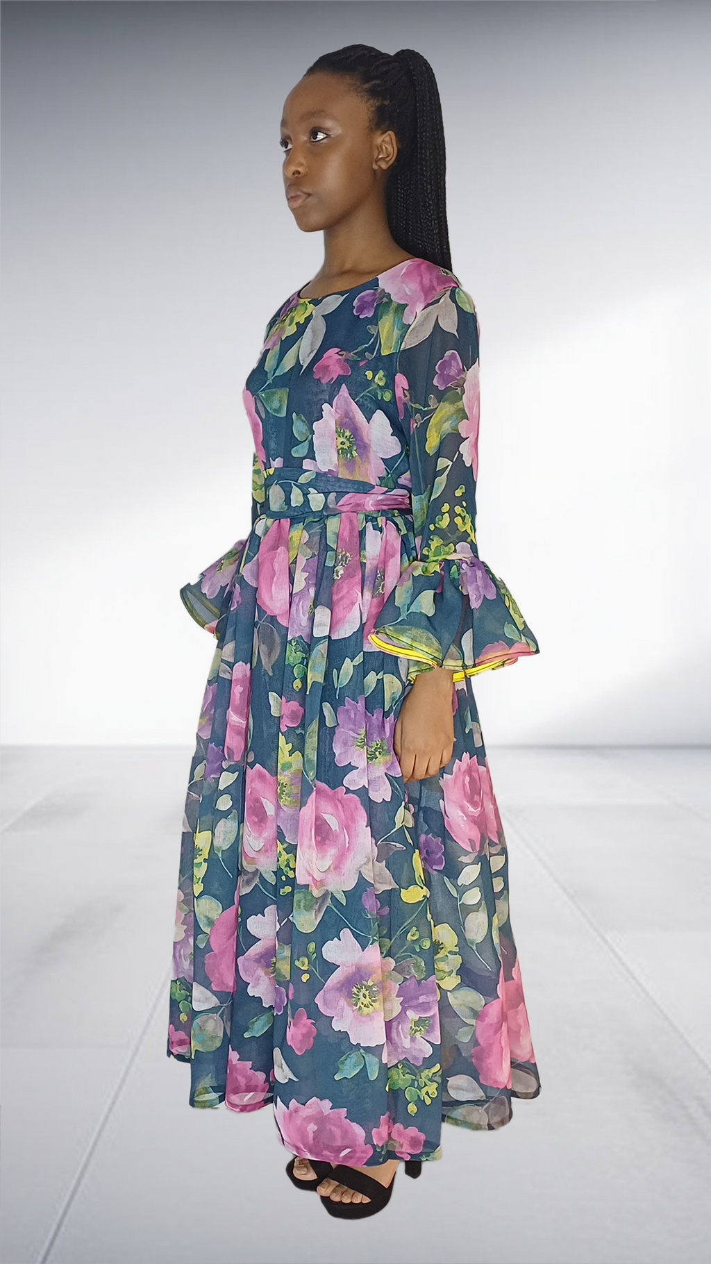 Imprint Navy Floral Print Bell Sleeve Maxi Dress