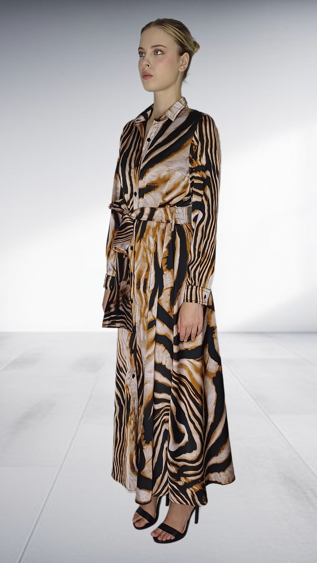 Kayla Stam Zebra Print Satin Shirt Dress - Black, Beige & Gold