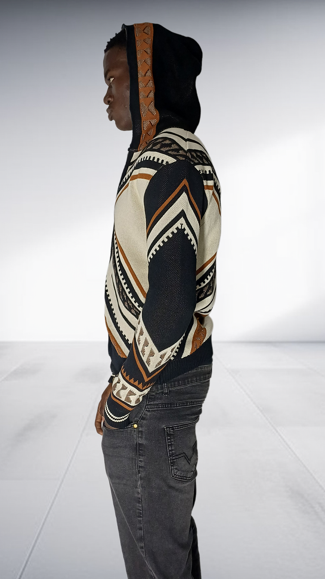 Zeitgeist Geometric Hooded Bomber Jacket - Black, Cream & Tobacco