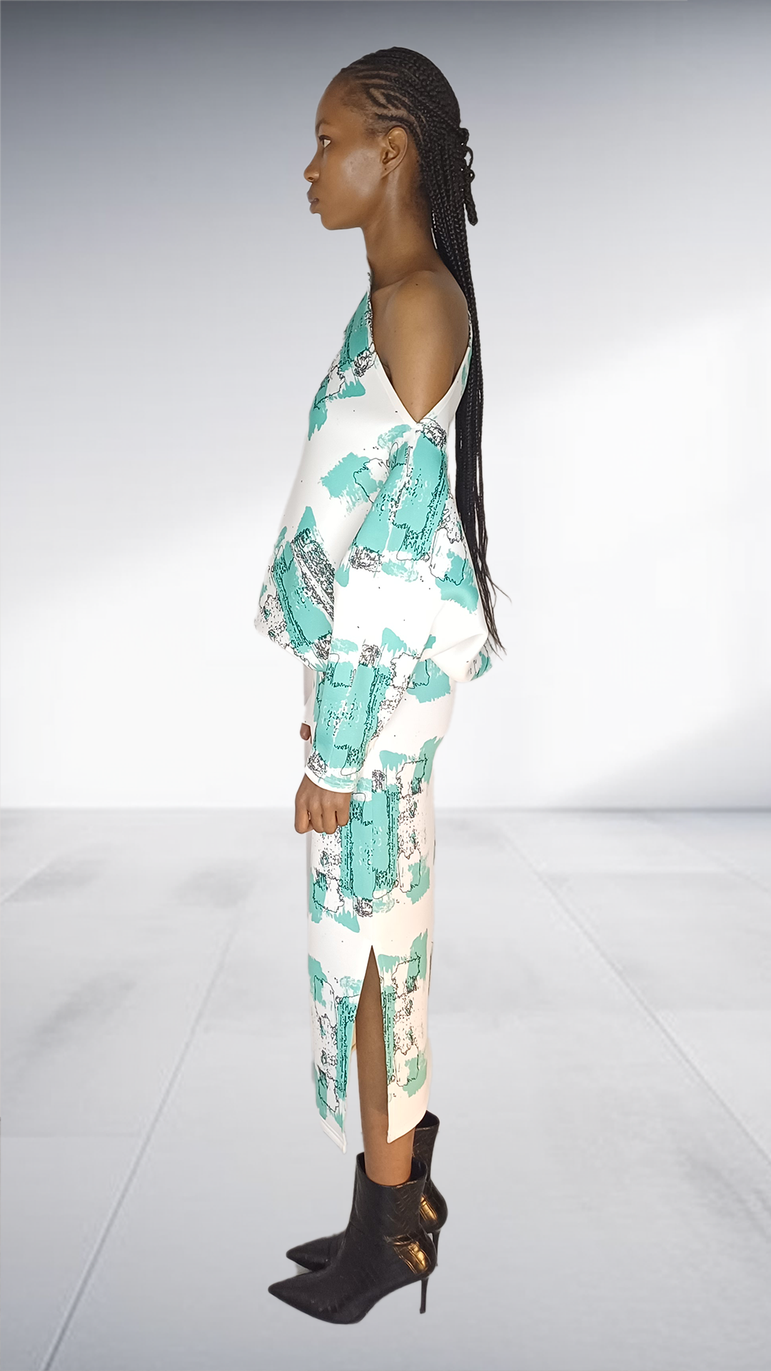 Turquoise Abstract Print One-Shoulder Midi Dress