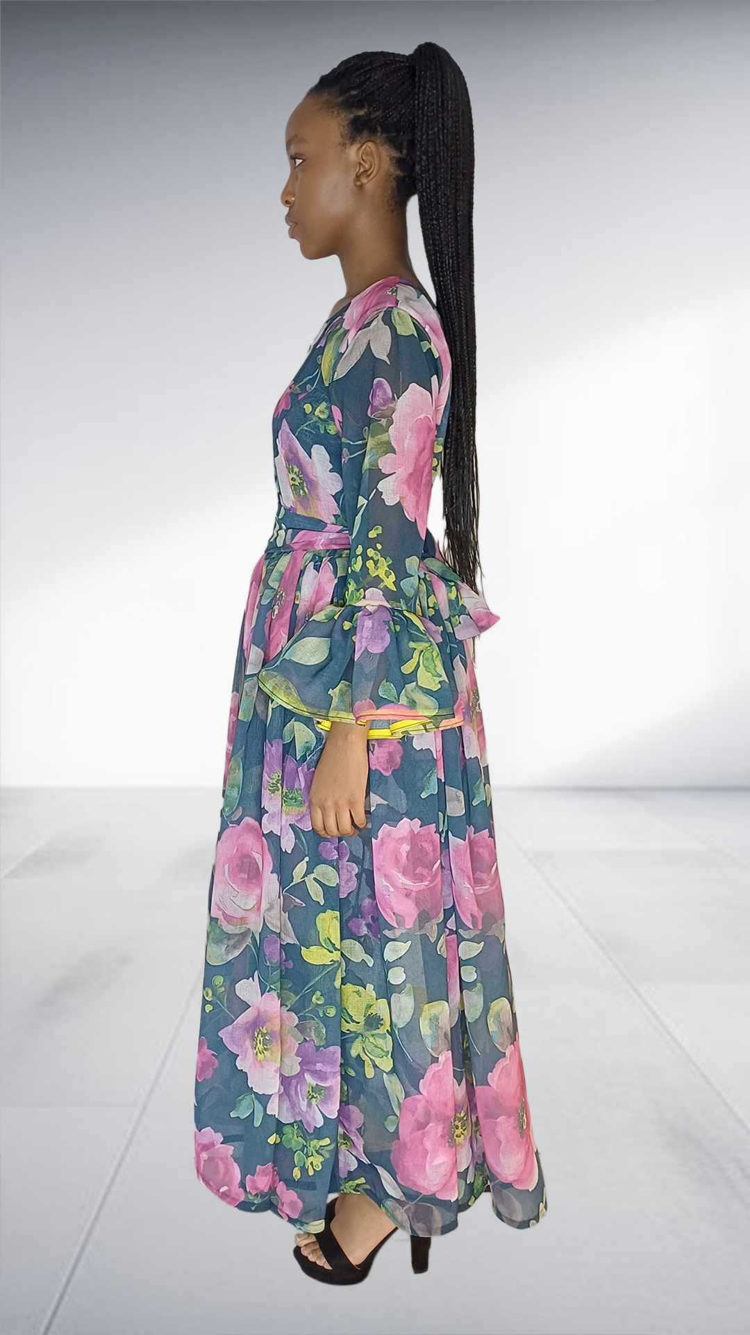 Imprint Navy Floral Print Bell Sleeve Maxi Dress
