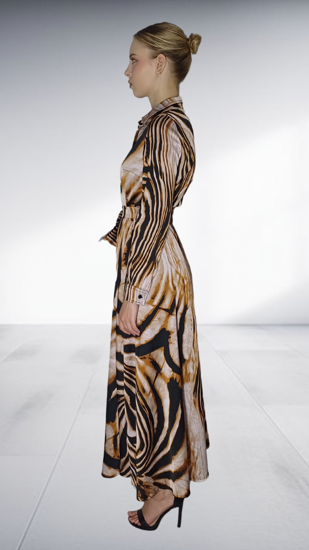 Kayla Stam Zebra Print Satin Shirt Dress - Black, Beige & Gold