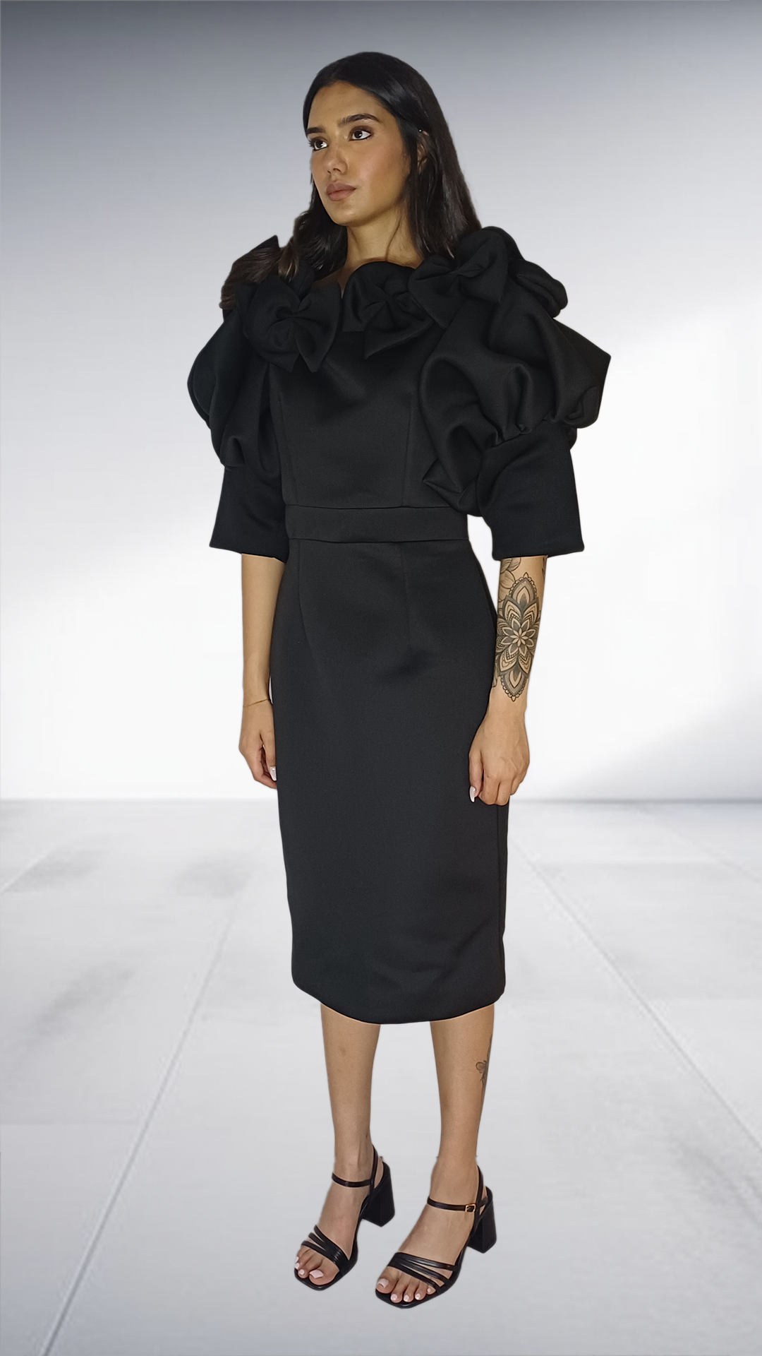 Black Sculptural Ruffle Sleeve Pencil Dress