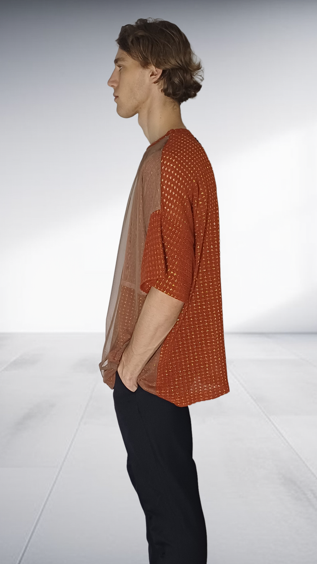 Sipho Mbuto Artisan Knit T-Shirt with Decorative Collar - Terracotta