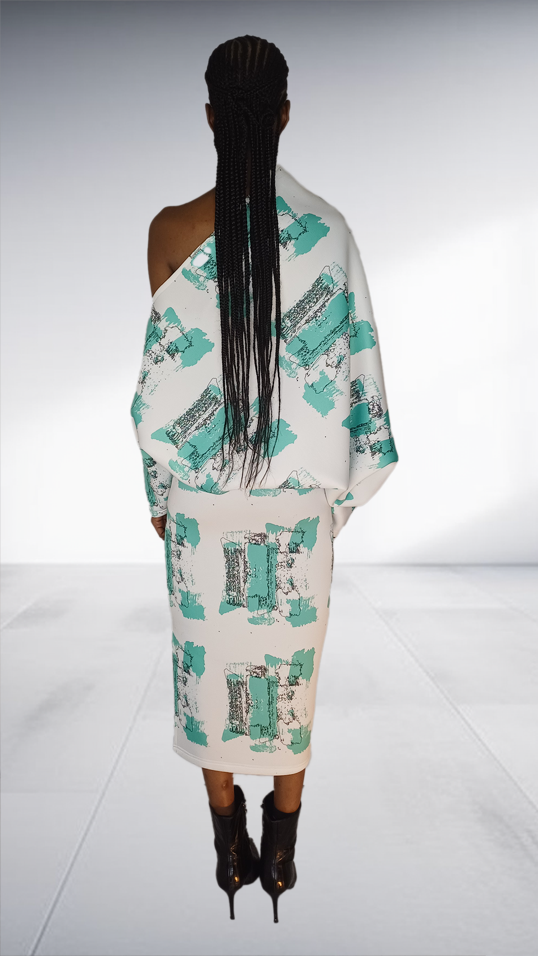 David Tlale Turquoise Abstract Print One-Shoulder Midi Dress