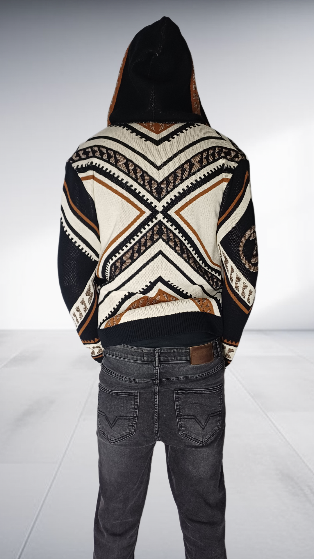 Zeitgeist Geometric Hooded Bomber Jacket - Black, Cream & Tobacco