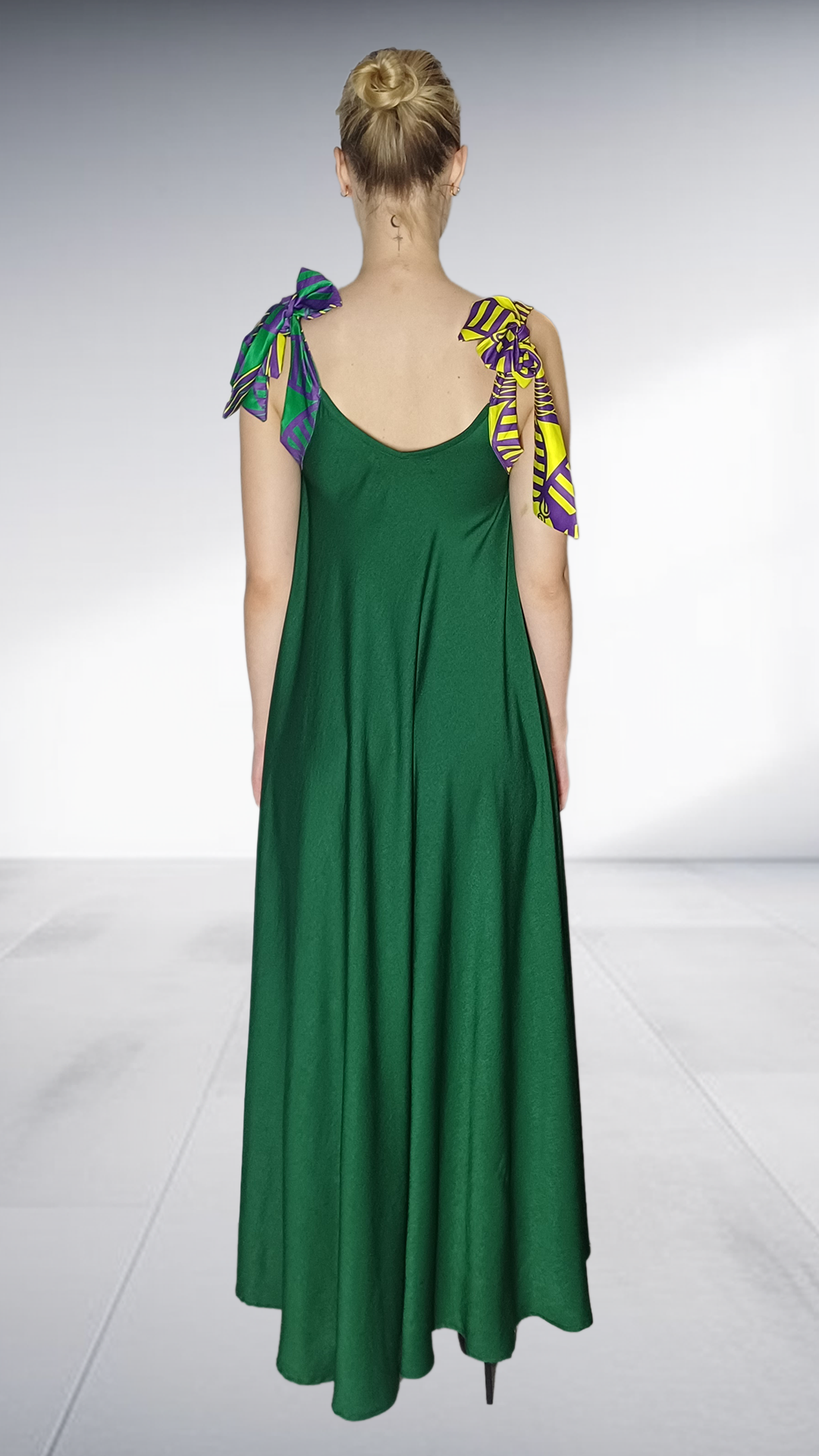 Nina Sedumedi Emerald Green Maxi Dress with African Print Shoulder Ties