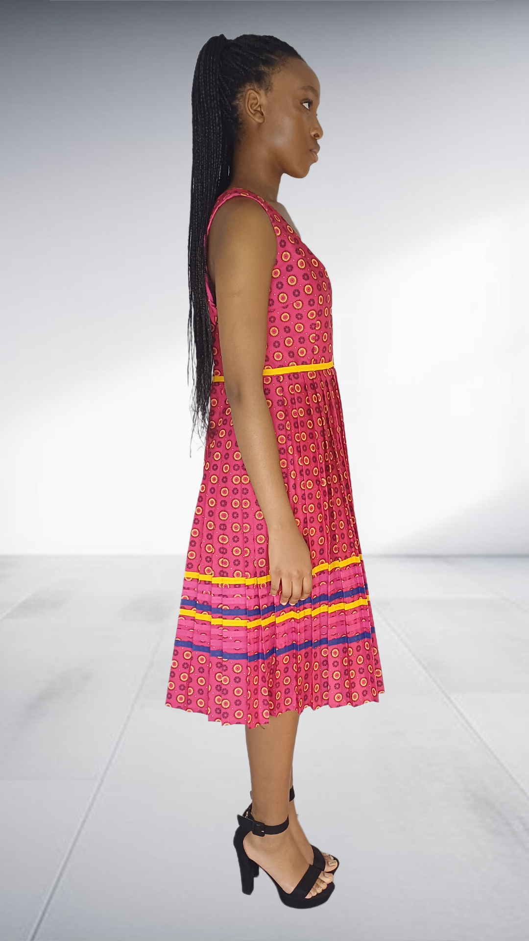 Twii Afrika Pink Shweshwe Print Dress with Rainbow Trim
