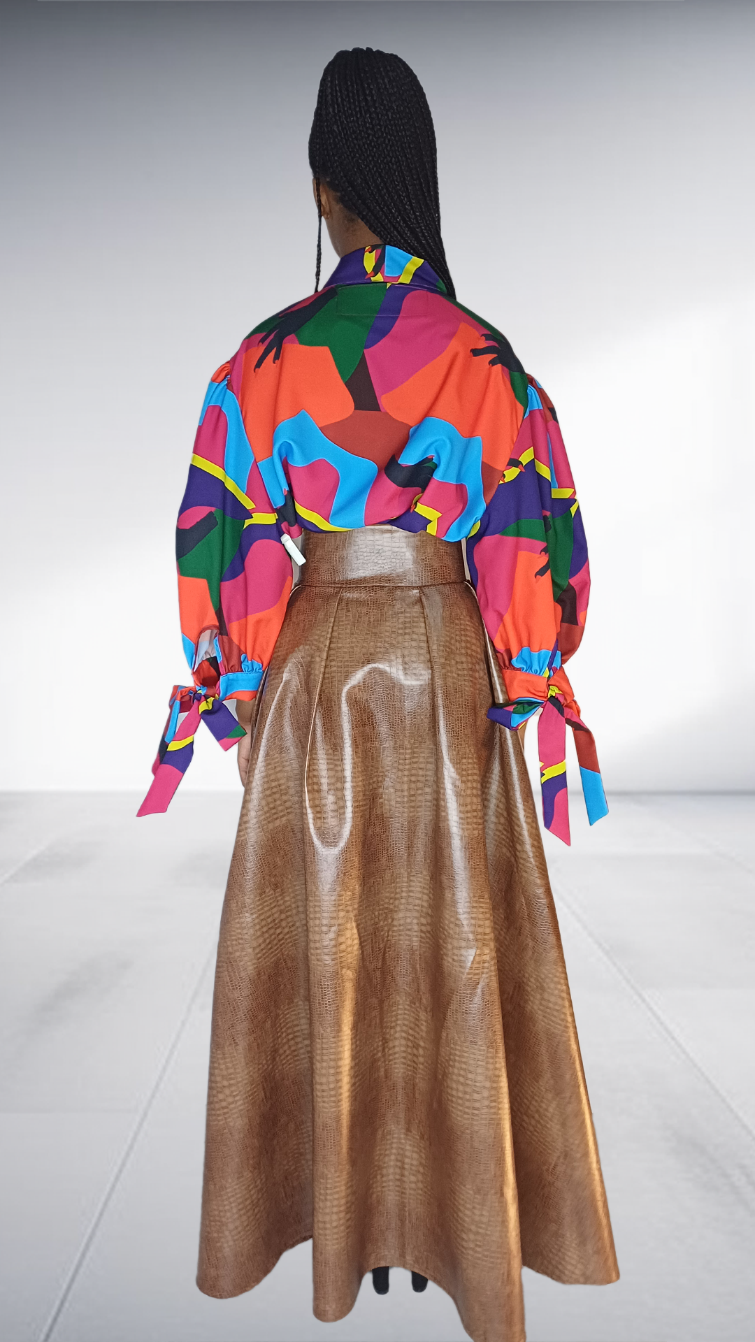 Ezokhetho Multicolor Balloon Sleeve Top & Bronze Snakeskin Skirt Set