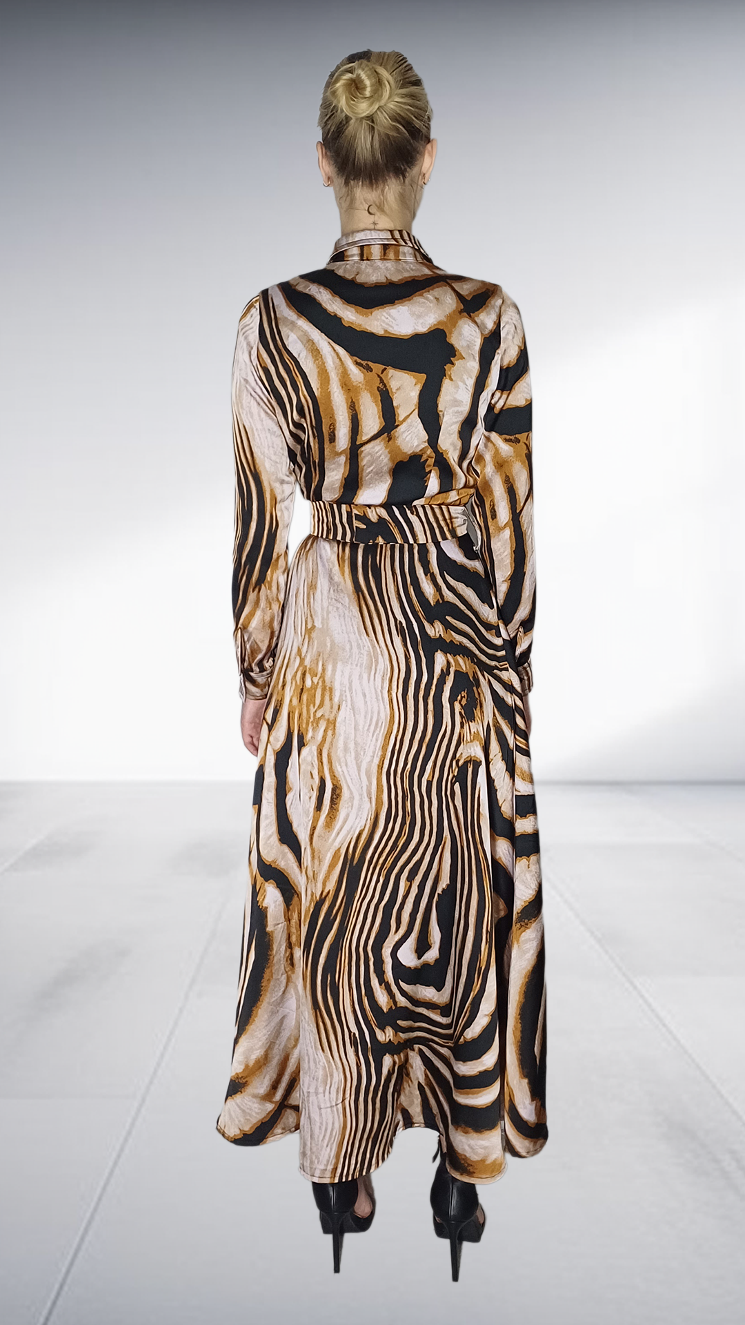 Kayla Stam Zebra Print Satin Shirt Dress - Black, Beige & Gold