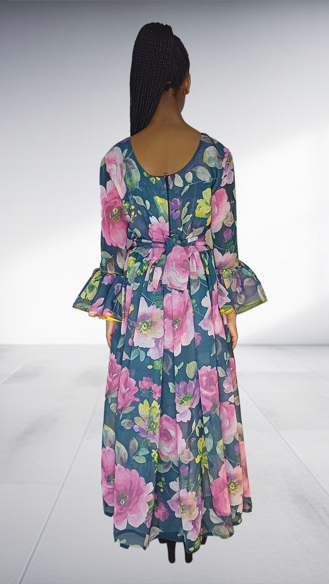 Navy Floral Print Bell Sleeve Maxi Dress with Yellow Trim