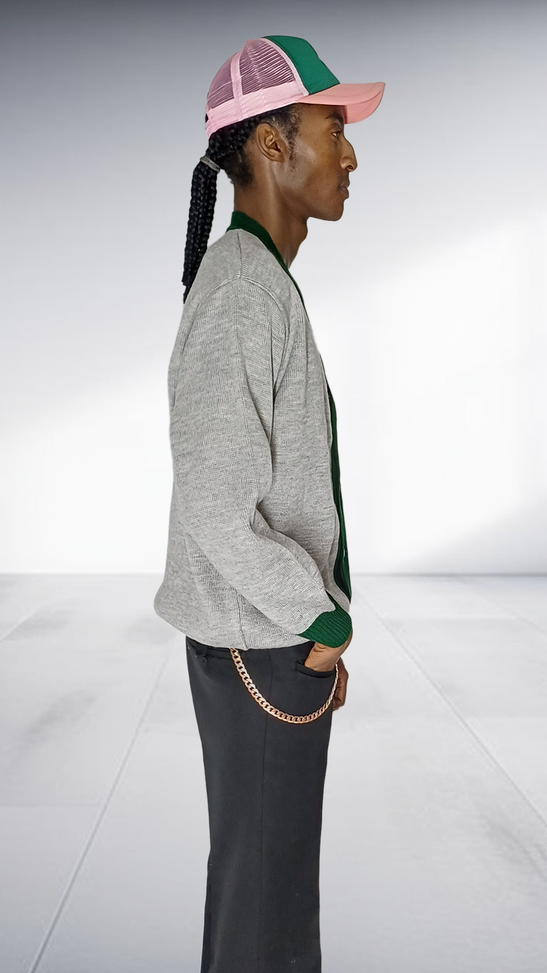 Chale Contrast Trim Cardigan - Grey & Green
