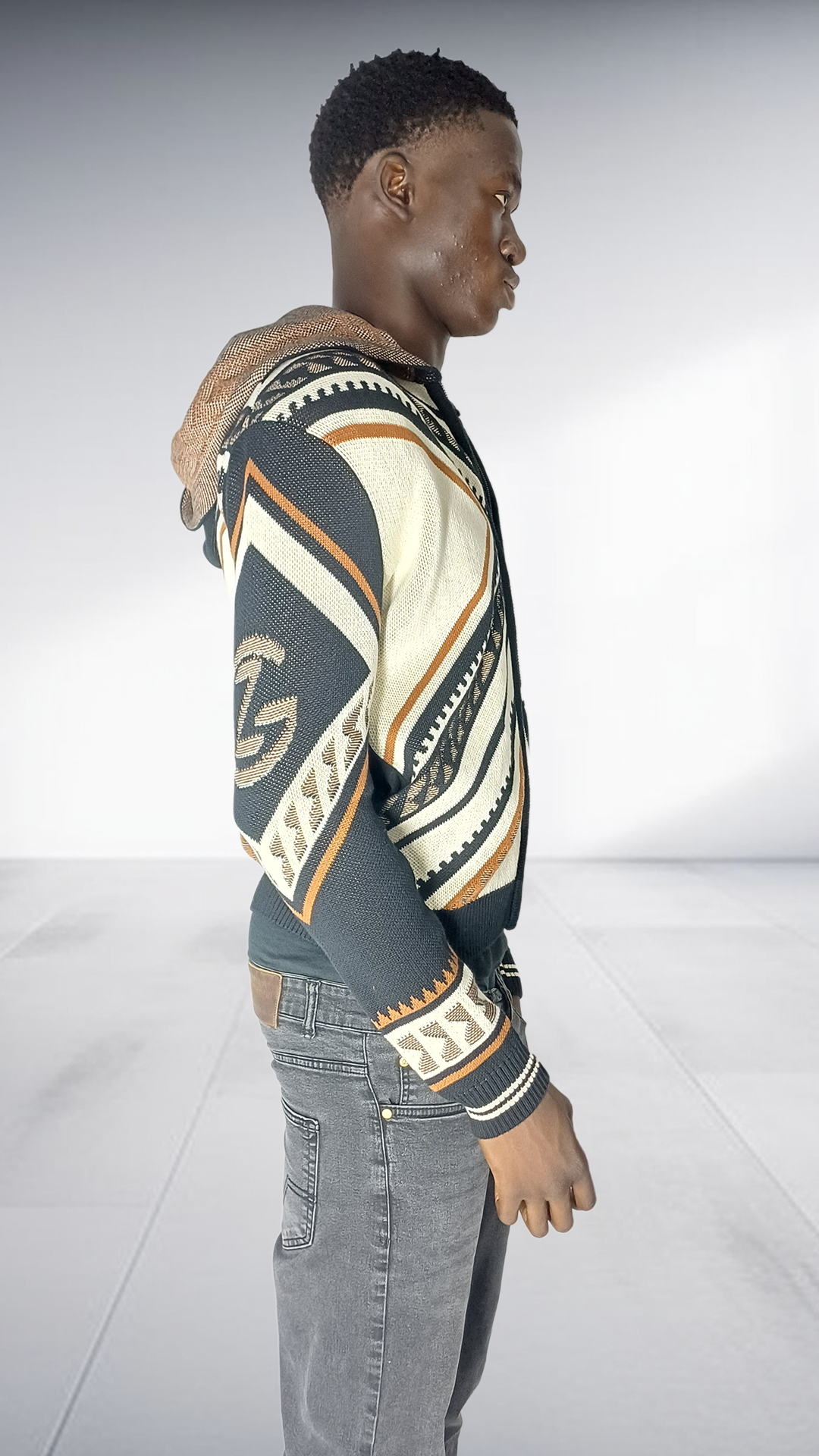 Zeitgeist Geometric Hooded Bomber Jacket - Black, Cream & Tobacco