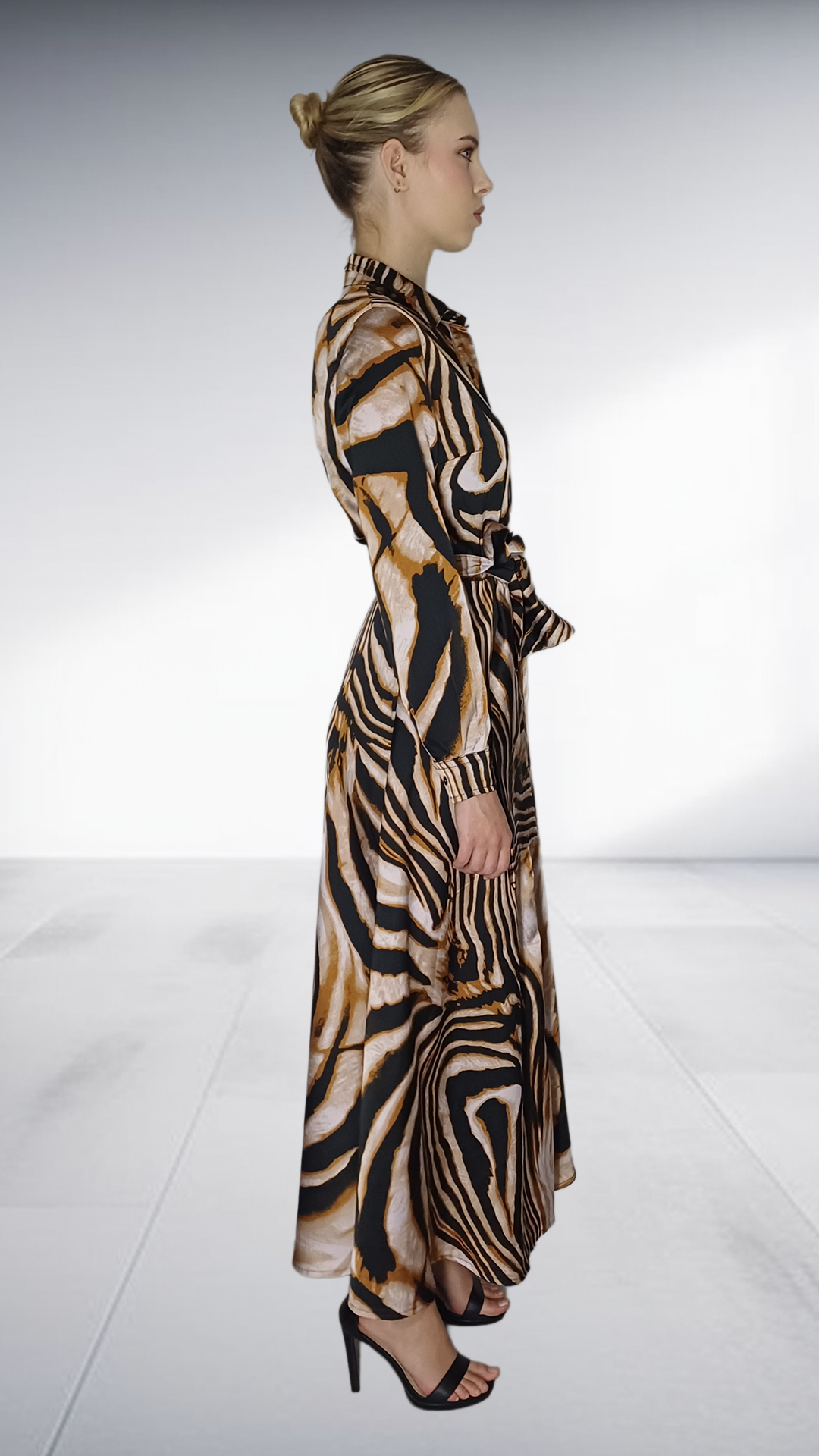 Kayla Stam Zebra Print Satin Shirt Dress - Black, Beige & Gold