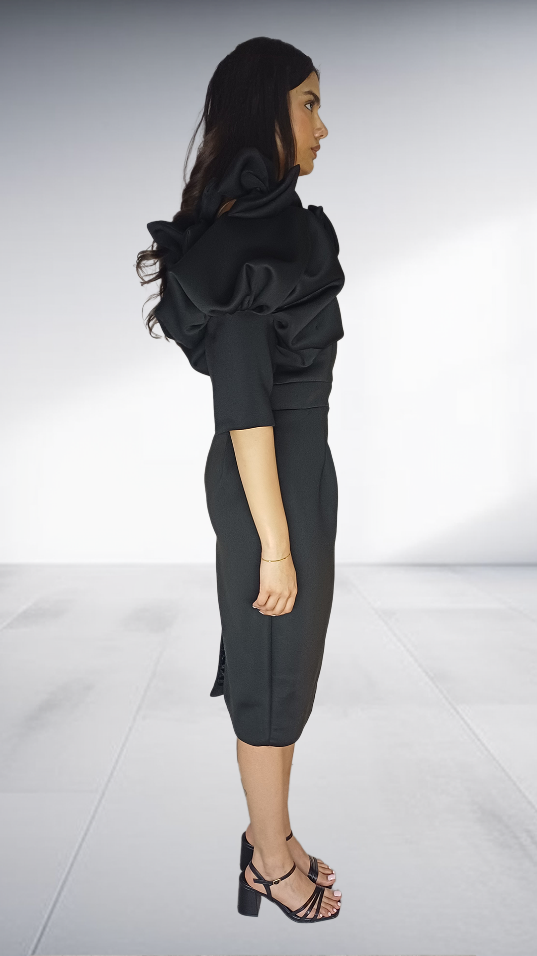 Black Sculptural Ruffle Sleeve Pencil Dress