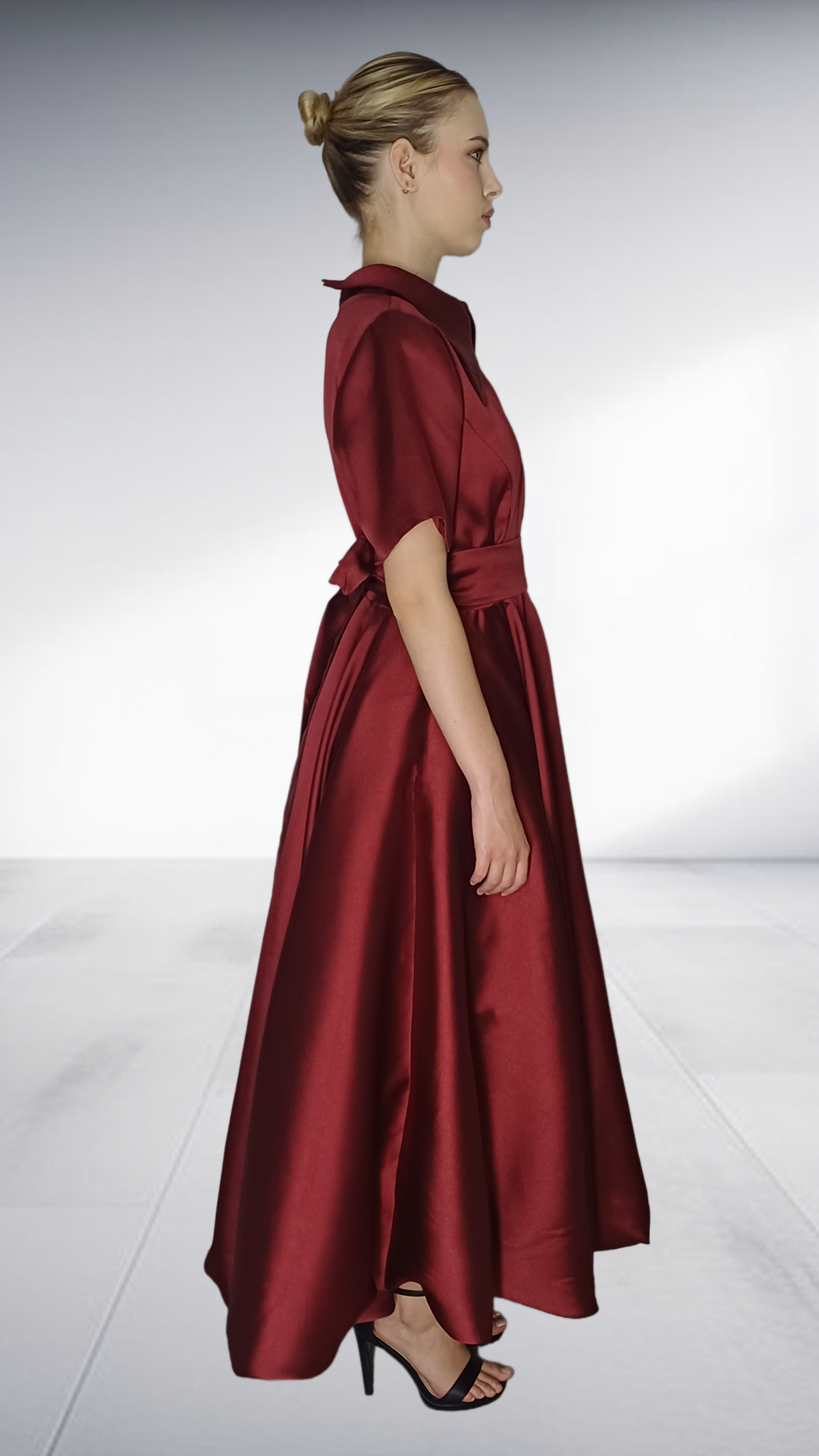 Jozsy Bubble Maxi Dress with Collar - Burgundy Satin