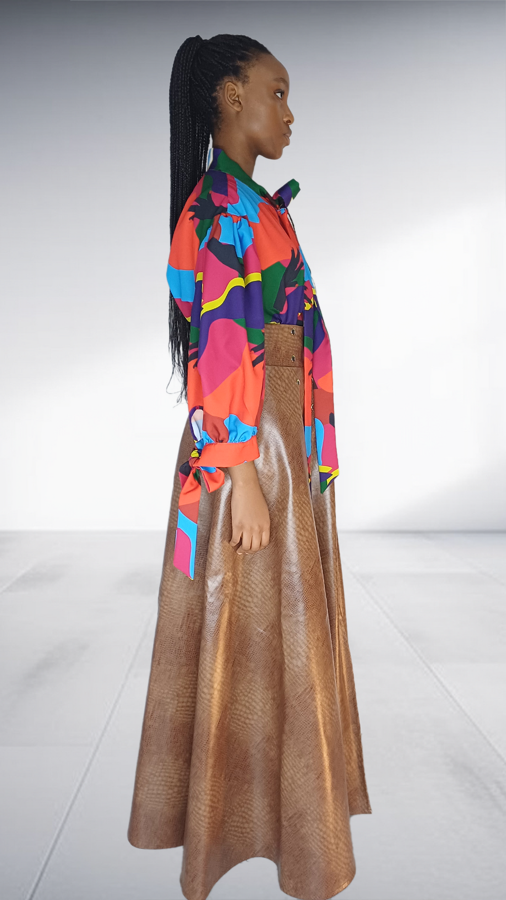Ezokhetho Multicolor Balloon Sleeve Top & Bronze Snakeskin Skirt Set
