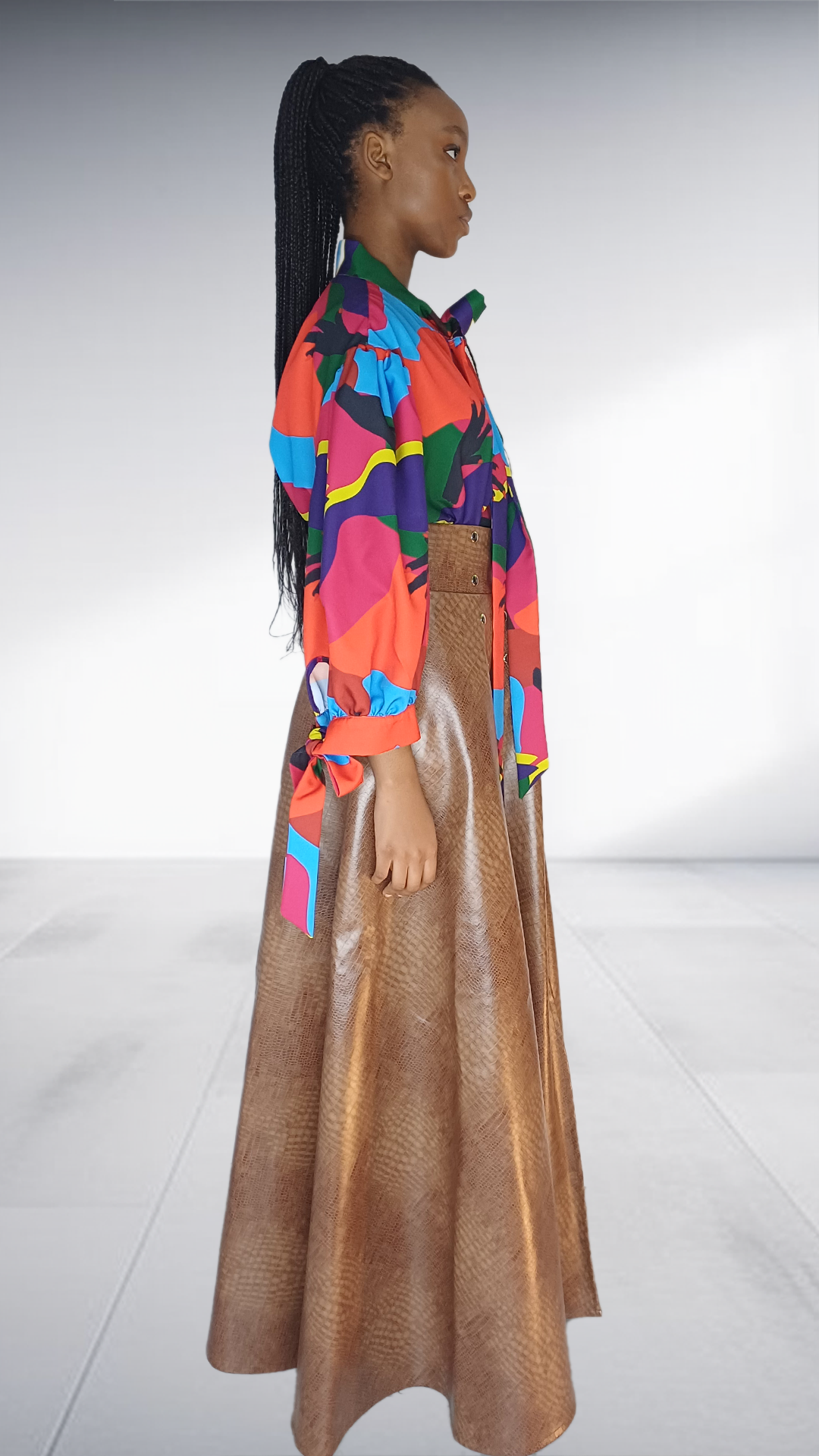 Multicolor Balloon Sleeve Top & Bronze Snakeskin Maxi Skirt Set