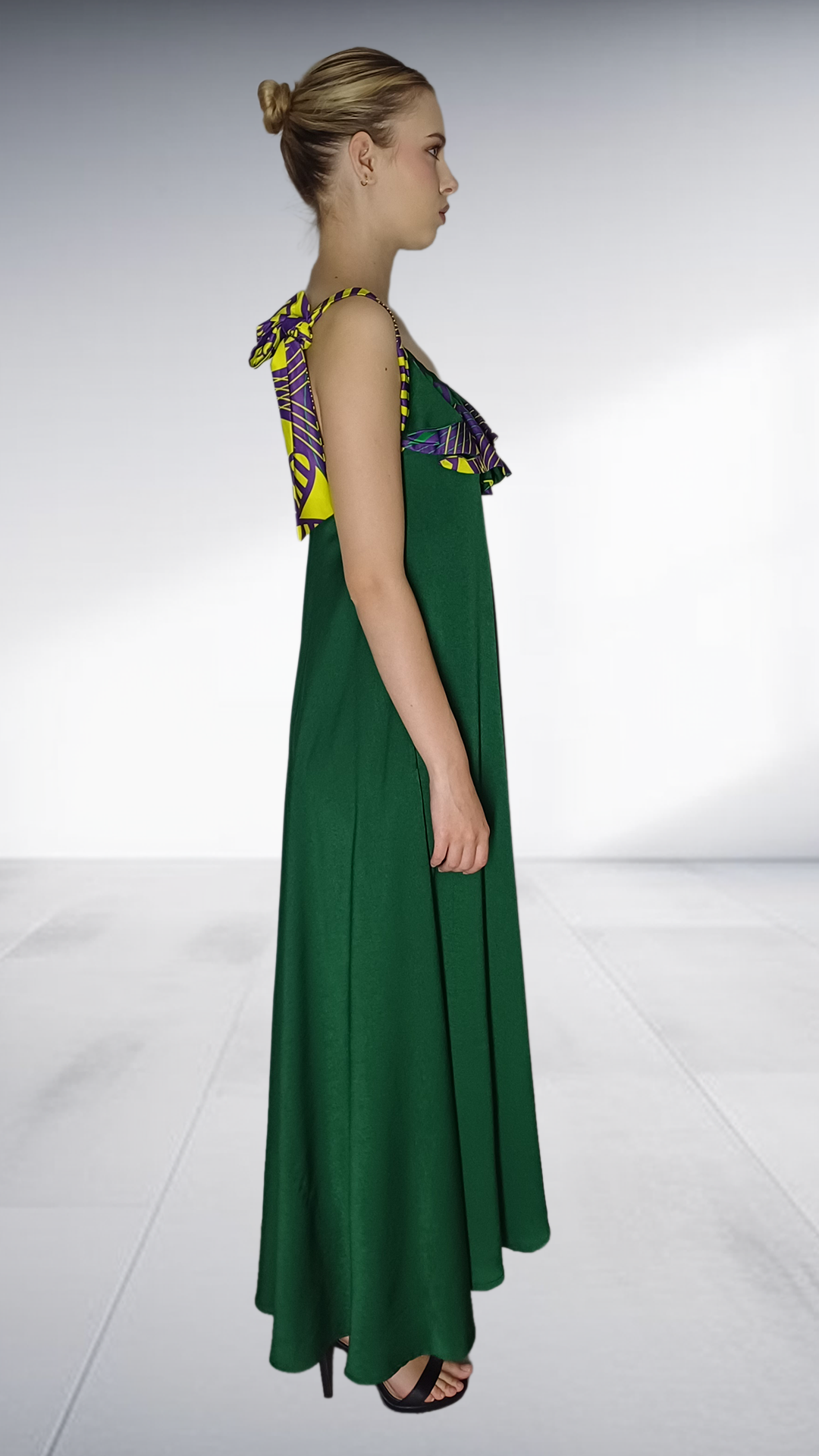 Nina Sedumedi Emerald Green Maxi Dress with African Print Shoulder Ties