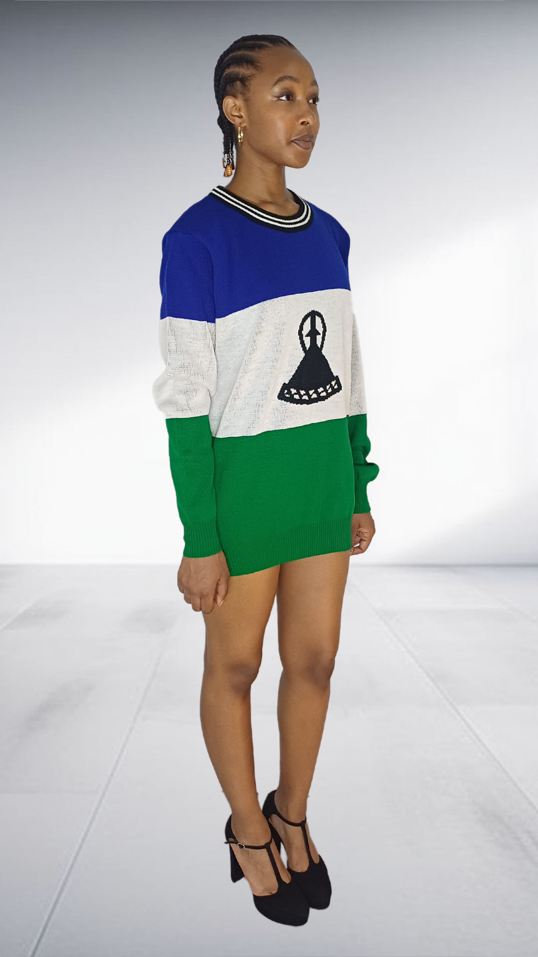 Blue Green White Color-Block Sweater Dress with African Silhouette